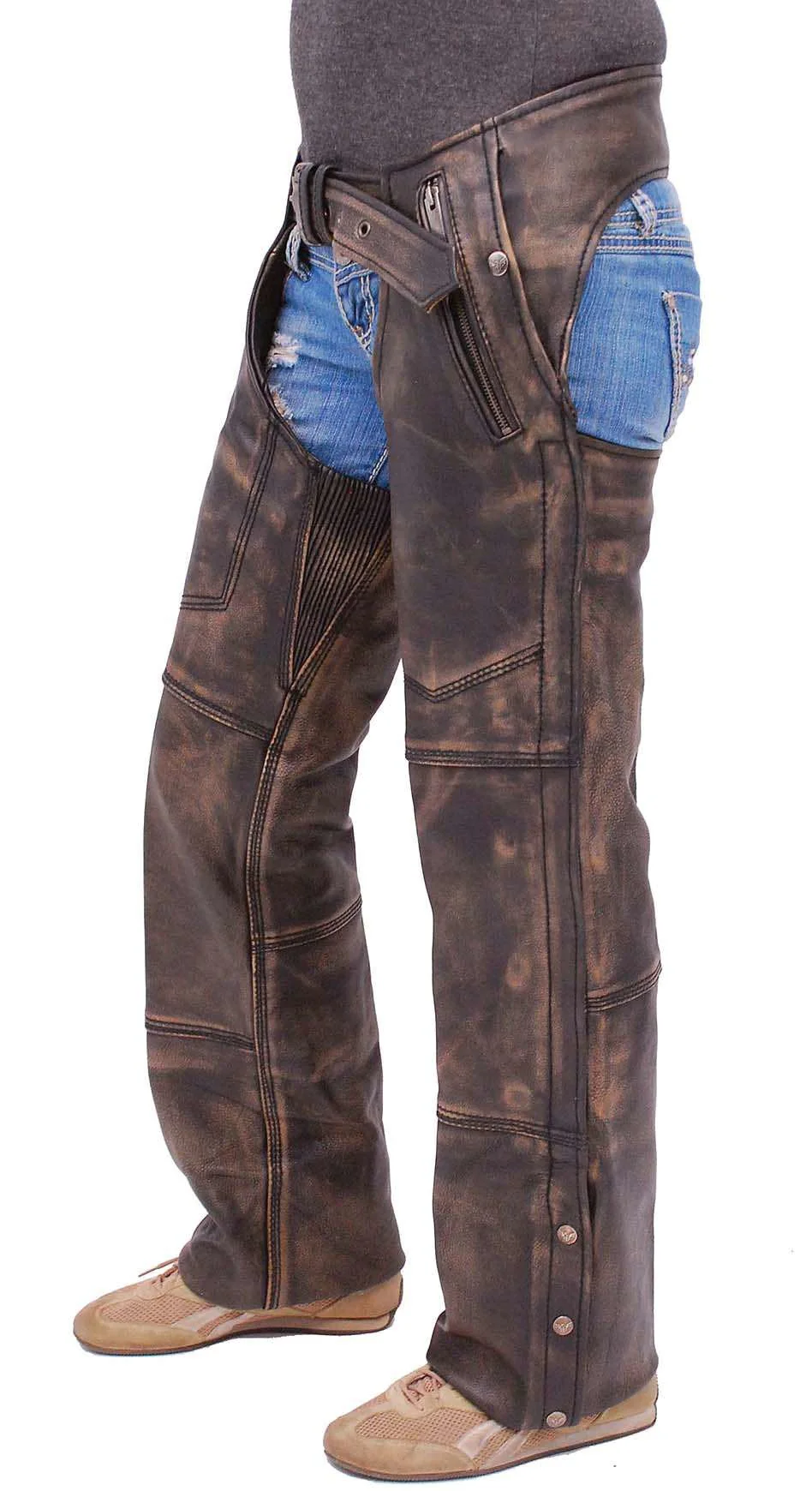 4 Pocket Vintage Distressed Brown Leather Chaps w/Removable Lining #CA5500ZDN - Image 2