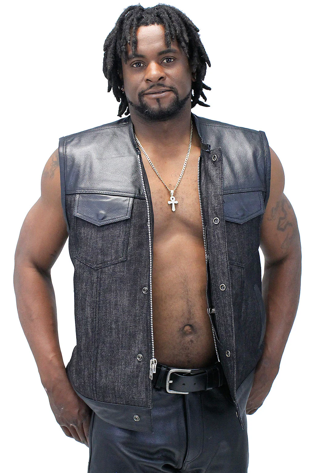 Men's Black Leather and Denim Club Vest w/Easy Access Pocket #VMC913GK - Image 4