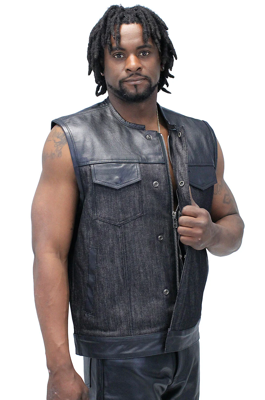 Men's Black Leather and Denim Club Vest w/Easy Access Pocket #VMC913GK - Image 5