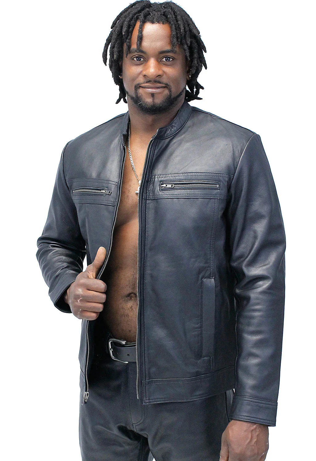 Men's Black Lightweight Leather Motorcycle Jacket #M69240K - Image 7