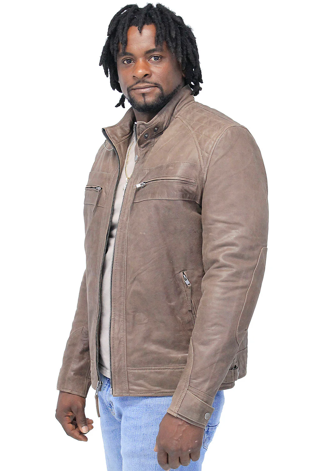 Men's Brown Lambskin Leather Jacket with Quilting #MA5501QN - Image 6