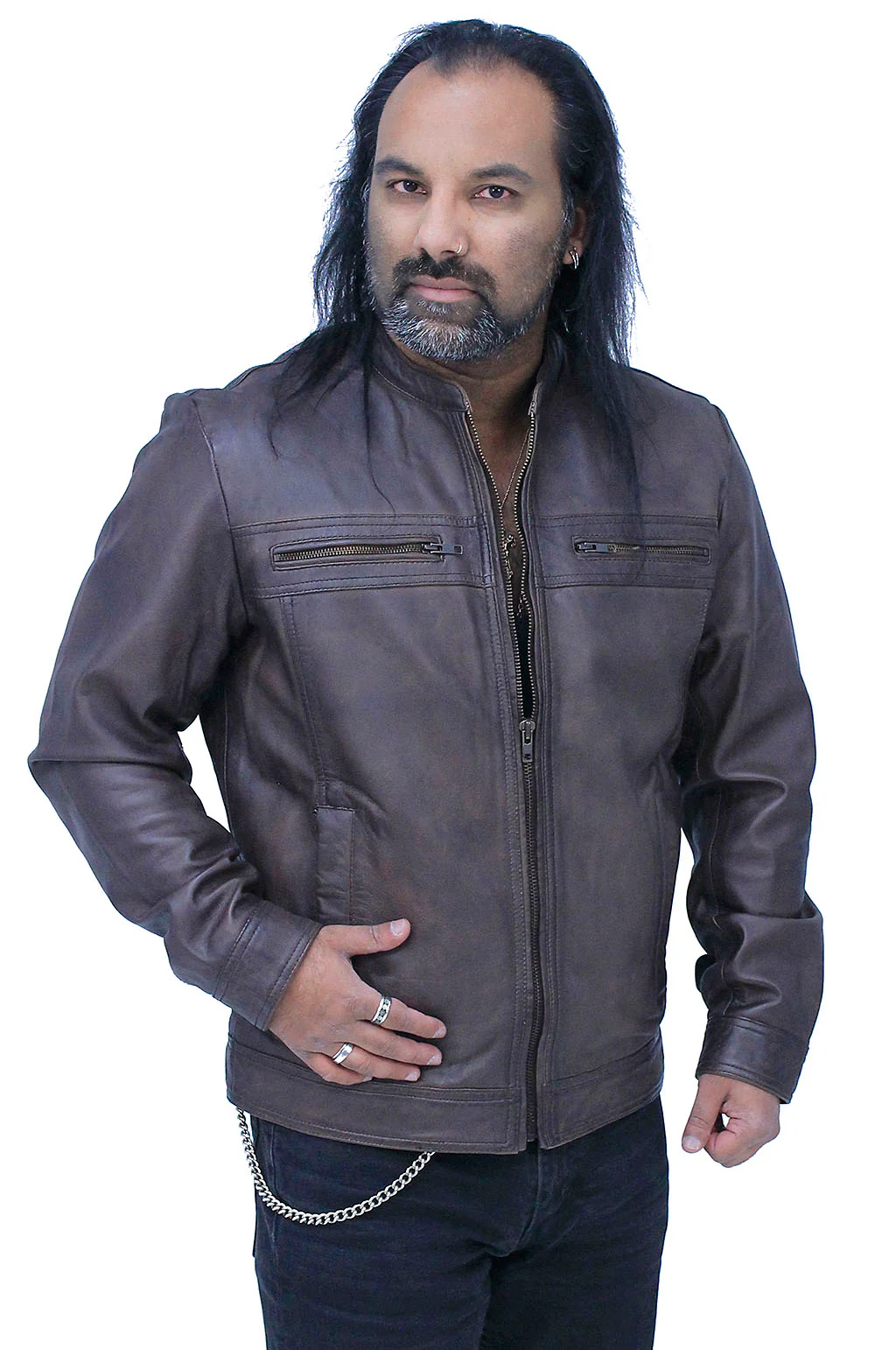 Men's Brown Lightweight Leather Motorcycle Jacket #M69241N - Image 3