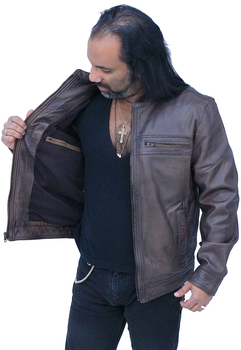 Men's Brown Lightweight Leather Motorcycle Jacket #M69241N - Image 4
