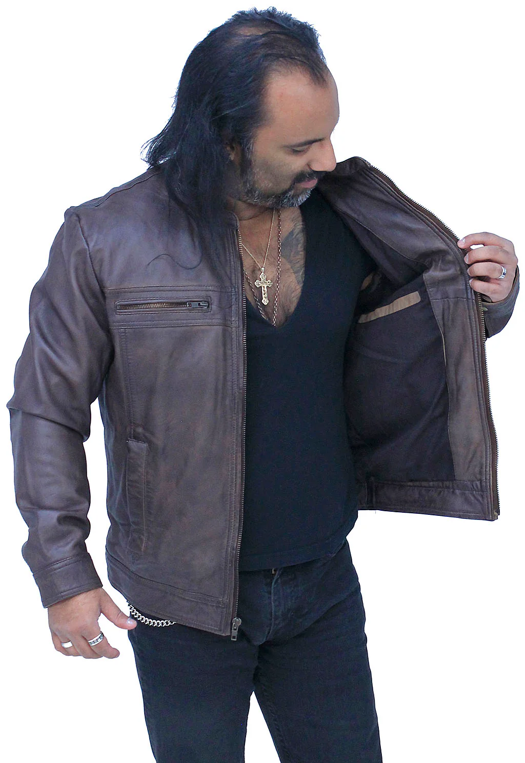 Men's Brown Lightweight Leather Motorcycle Jacket #M69241N - Image 5