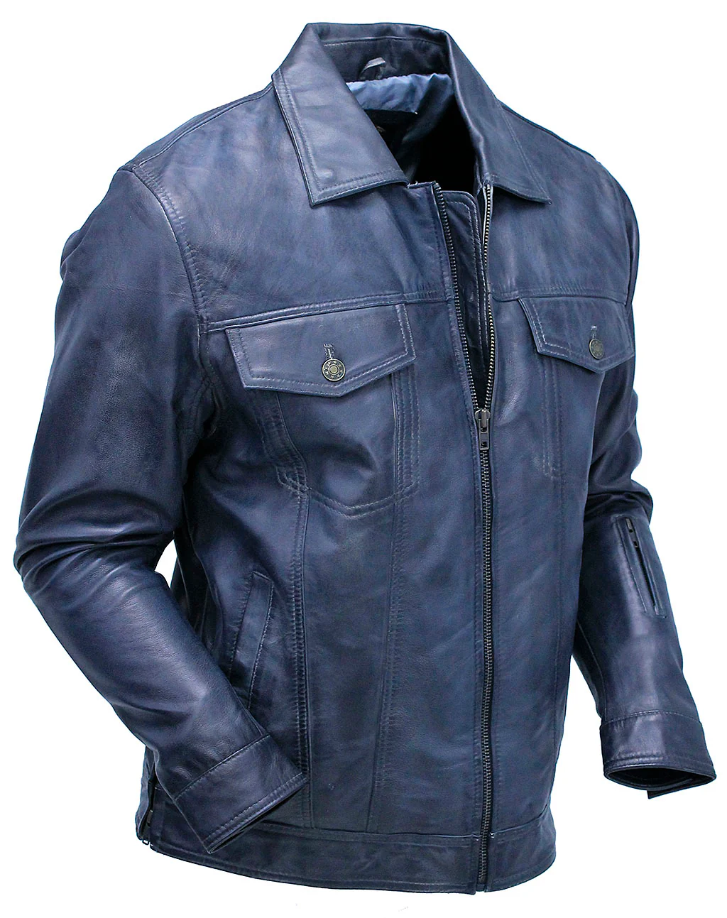 Men's Charcoal Gray Zip Front Leather Jean Jacket #MA241416GY - Image 2