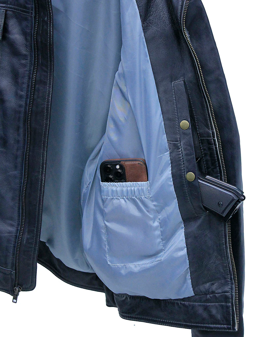Men's Charcoal Gray Zip Front Leather Jean Jacket #MA241416GY - Image 5