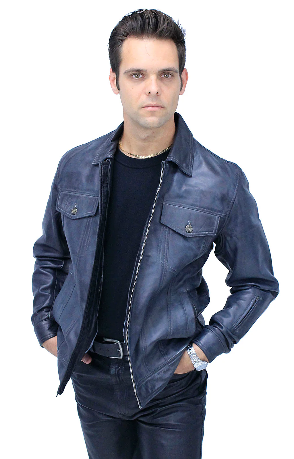 Men's Charcoal Gray Zip Front Leather Jean Jacket #MA241416GY - Image 7
