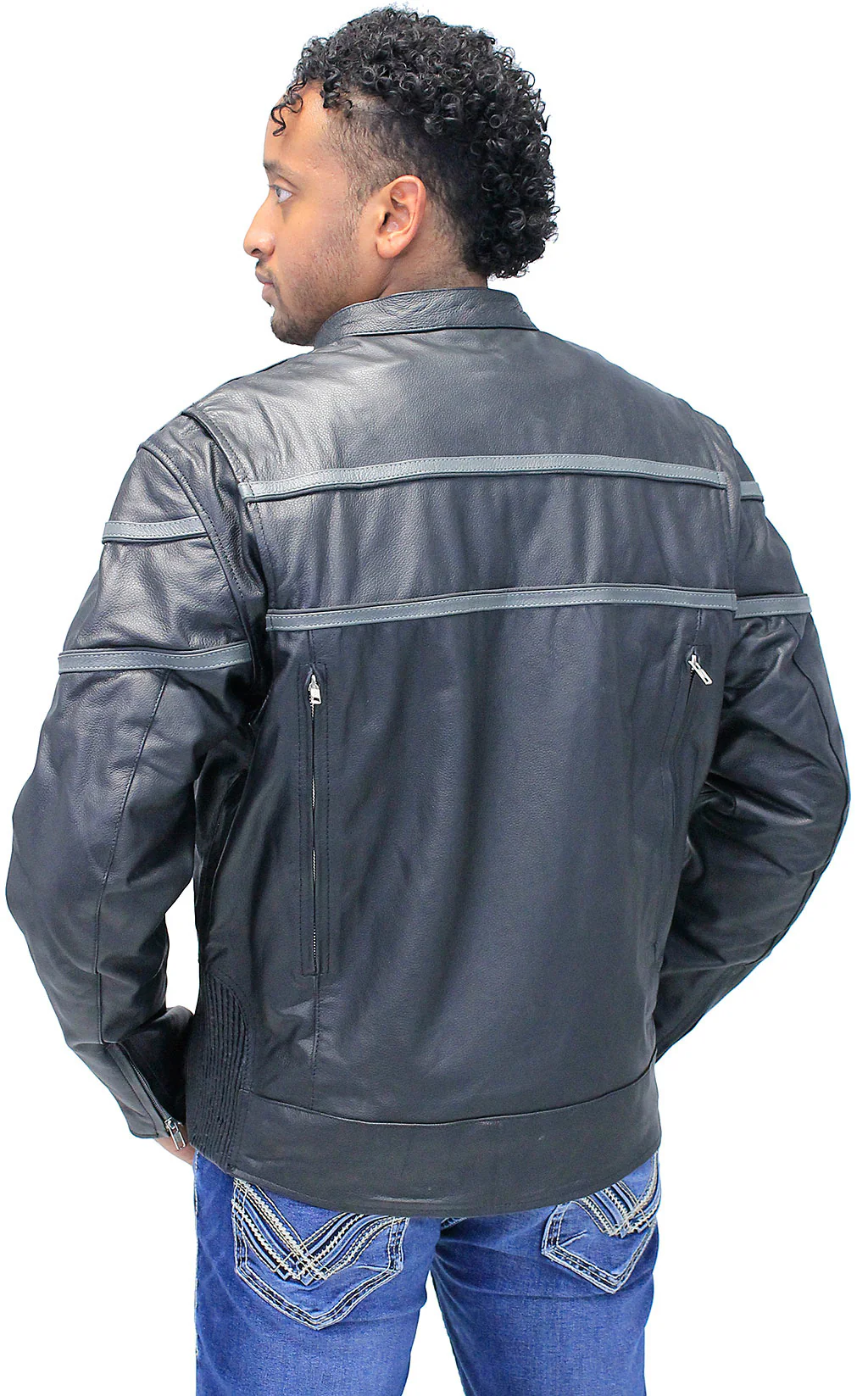 Men's Double Gray Stripe Vented Leather Jacket w/Reflector #M604918VZK - Image 2
