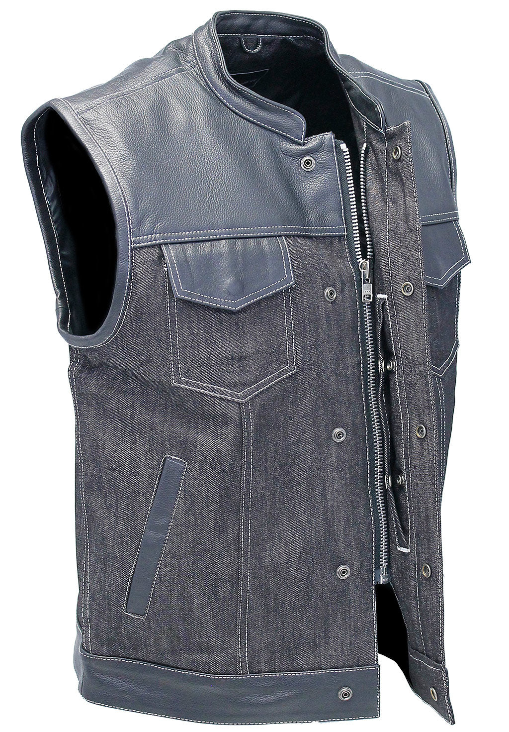 Men's Leather and Denim Gray Stitch Club Vest w/Concealed #VMC912GWK - Image 3