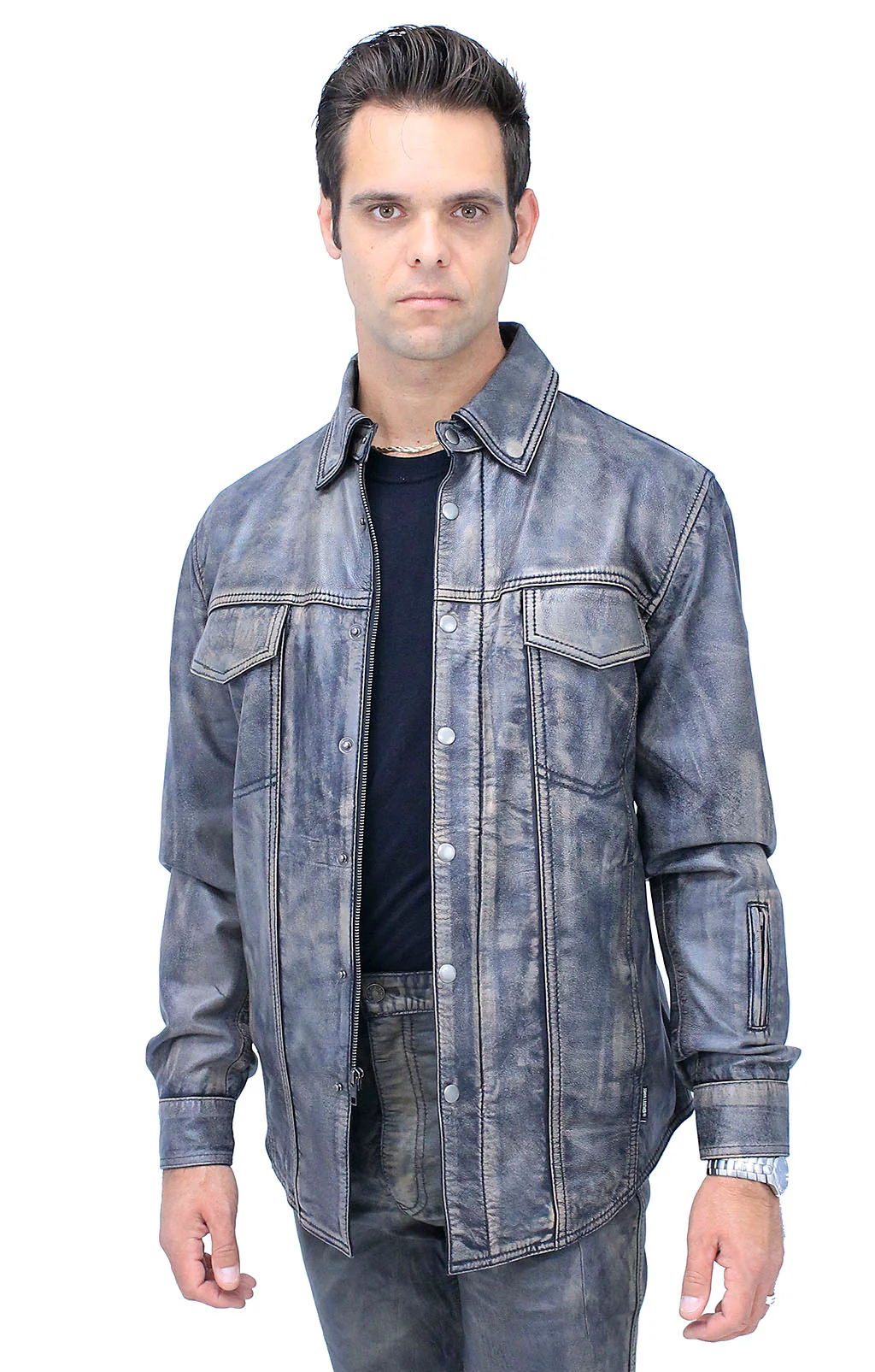 Men's Leather Shirt in Taupe/Black Vintage Lambskin #MS24807GK - Image 3