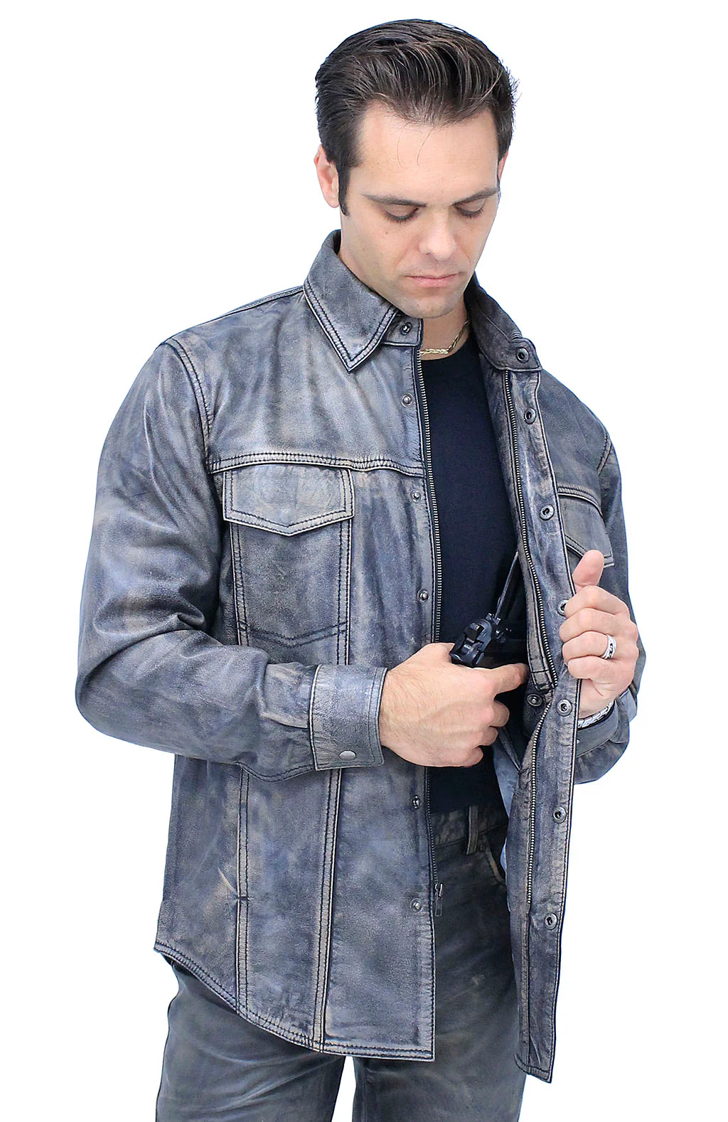 Men's Leather Shirt in Taupe/Black Vintage Lambskin #MS24807GK - Image 4