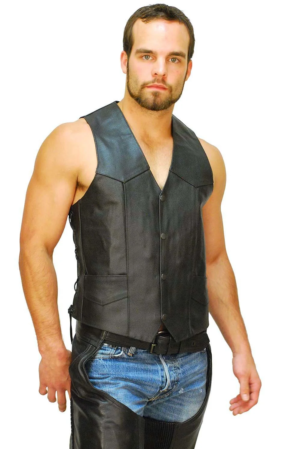 Men's Concealed Pocket Buffalo Leather Vest w/Side Lacing #VM803LK - Image 4