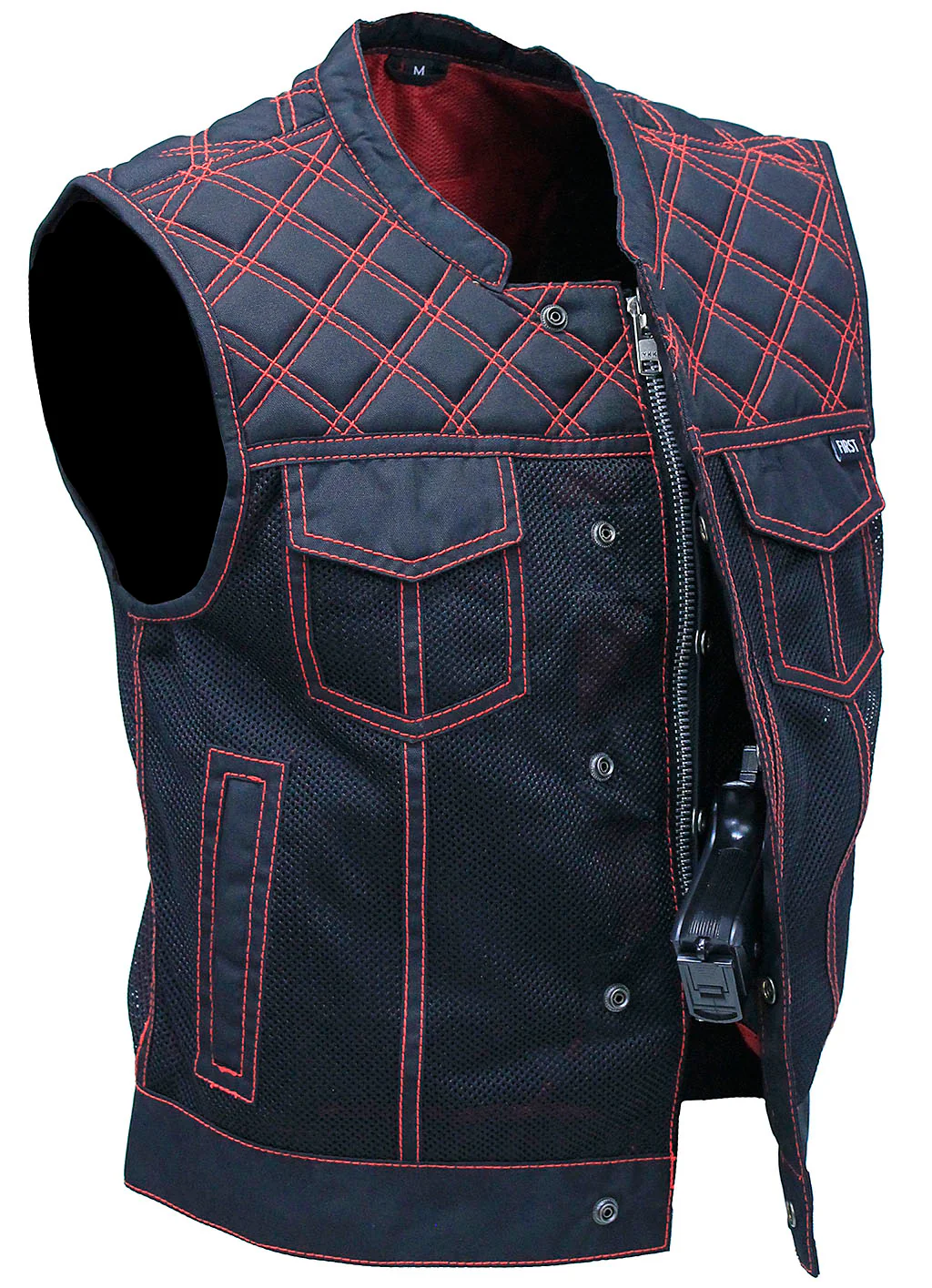 Men's Red Stitched Quilted Moto Mesh Club Vest #VMC6536QVR - Image 2