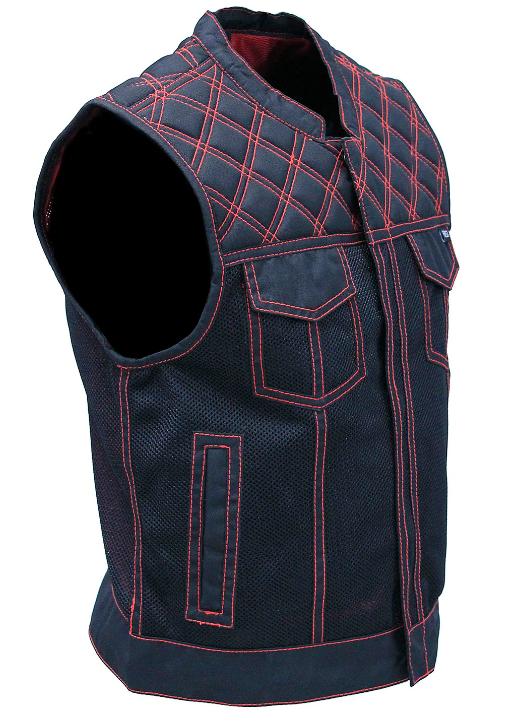 Men's Red Stitched Quilted Moto Mesh Club Vest #VMC6536QVR - Image 3