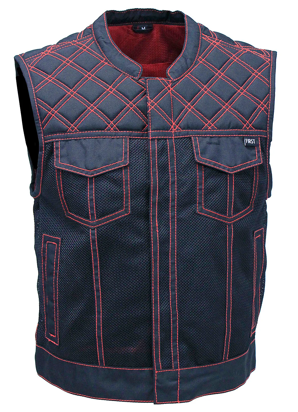 Men's Red Stitched Quilted Moto Mesh Club Vest #VMC6536QVR - Image 4