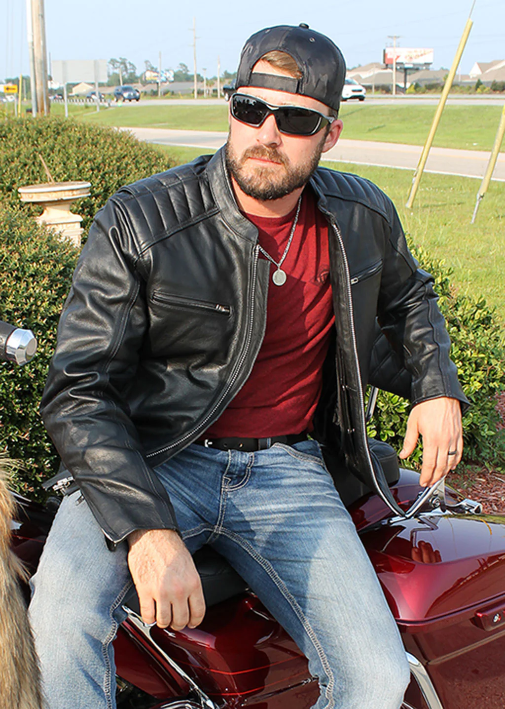 Men's Ribbed Shoulder Leather Motorcycle Jacket #M5760GQZK (M,3X)