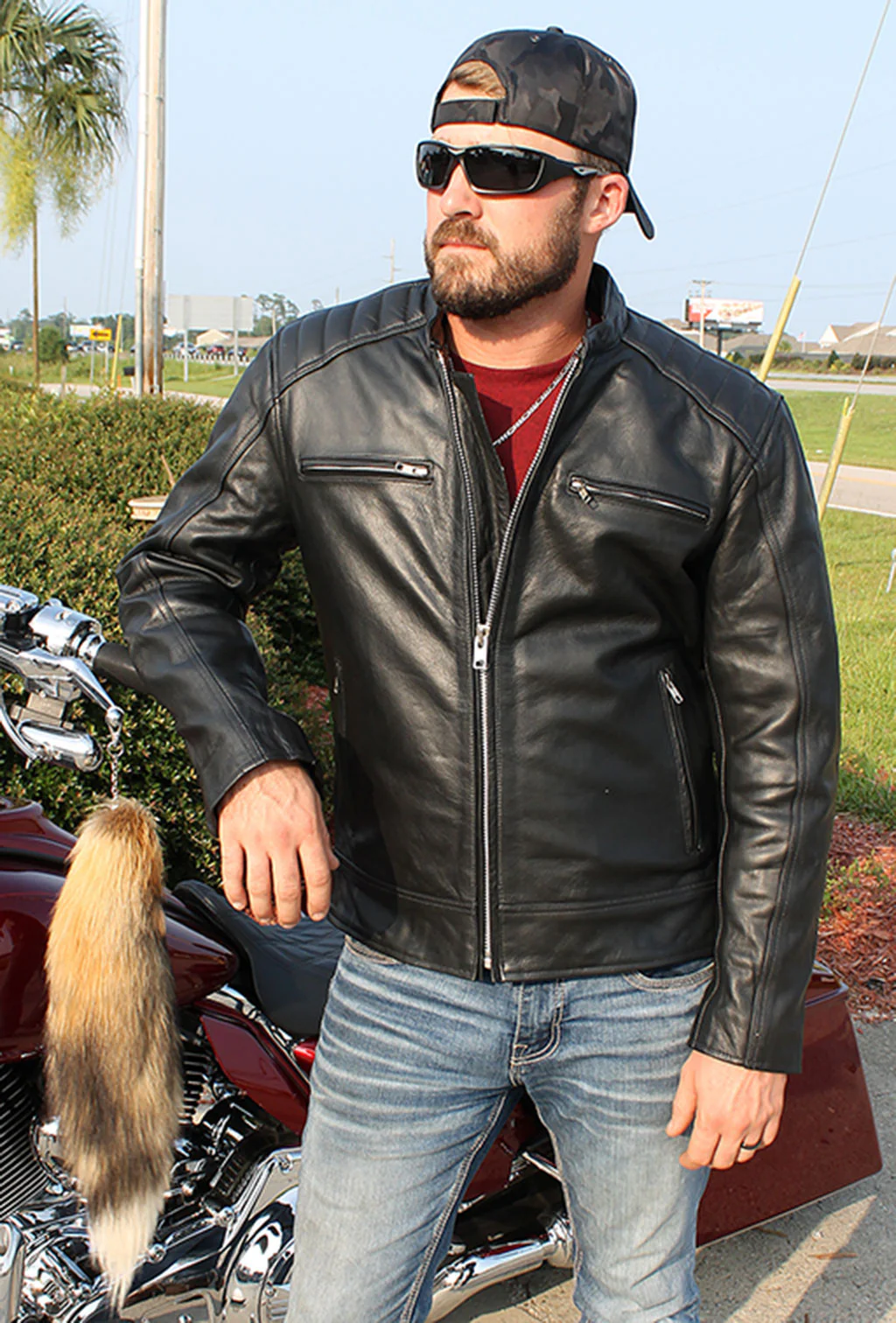 Men's Ribbed Shoulder Leather Motorcycle Jacket #M5760GQZK (M,3X) - Image 3