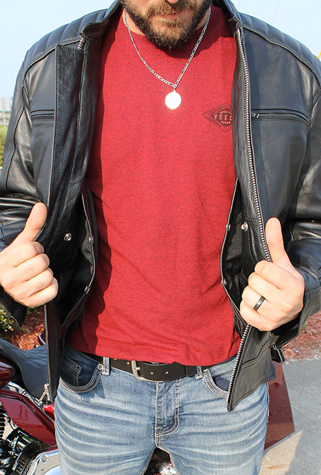 Men's Ribbed Shoulder Leather Motorcycle Jacket #M5760GQZK (M,3X) - Image 4