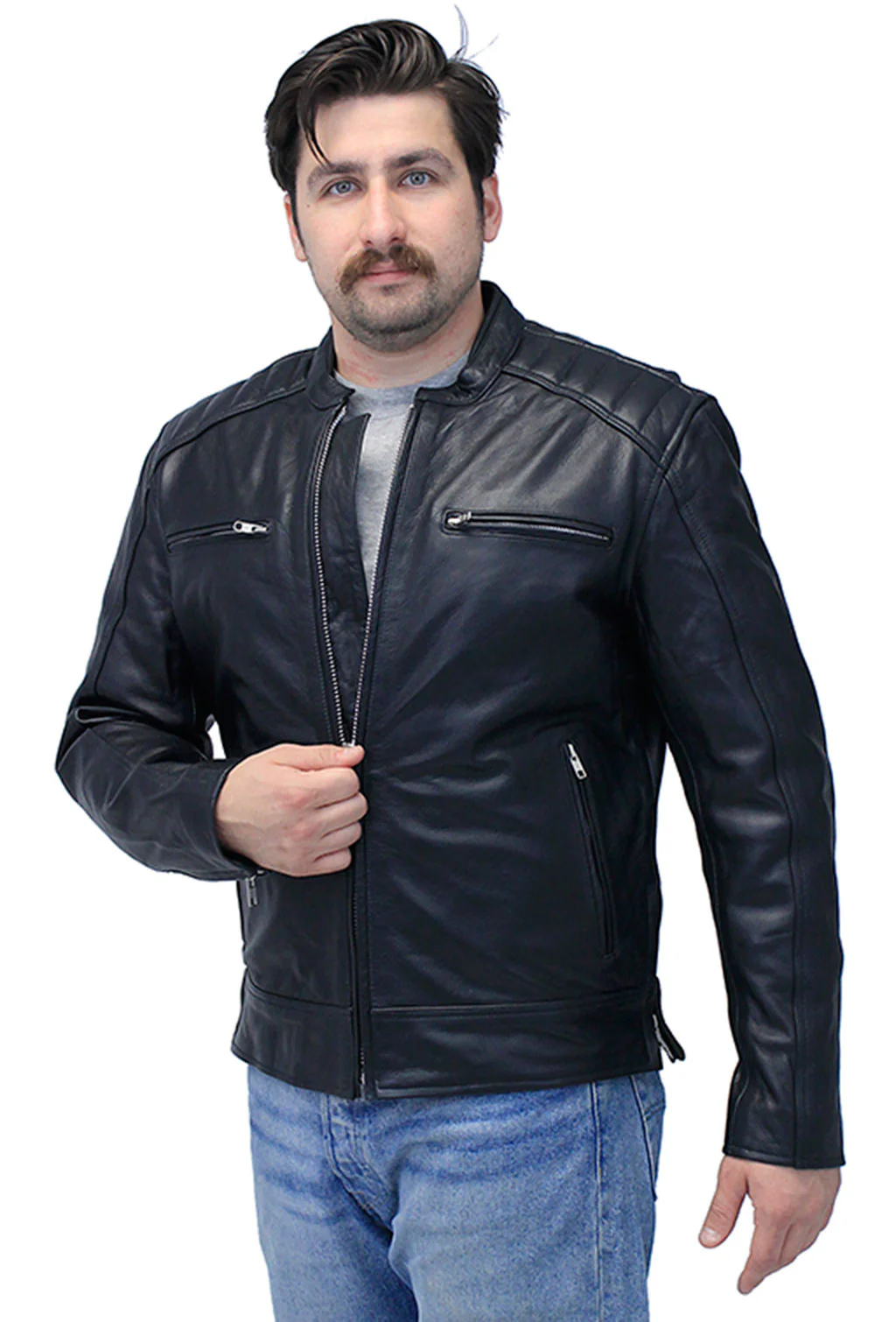 Men's Ribbed Shoulder Leather Motorcycle Jacket #M5760GQZK (M,3X) - Image 5