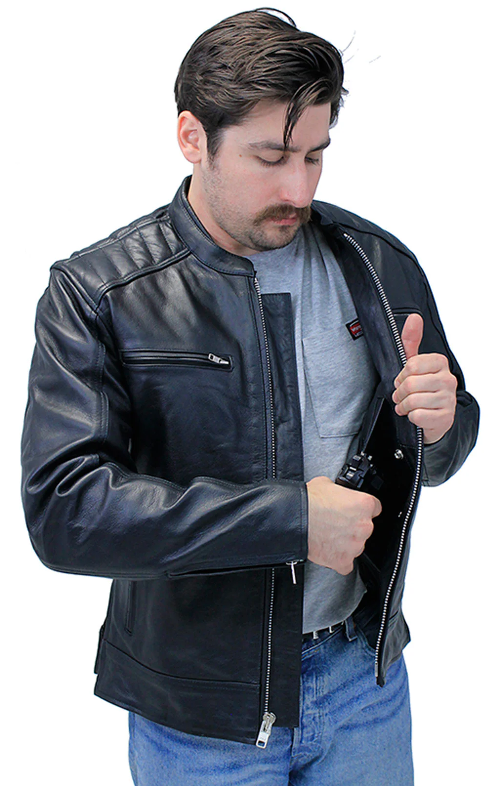 Men's Ribbed Shoulder Leather Motorcycle Jacket #M5760GQZK (M,3X) - Image 6