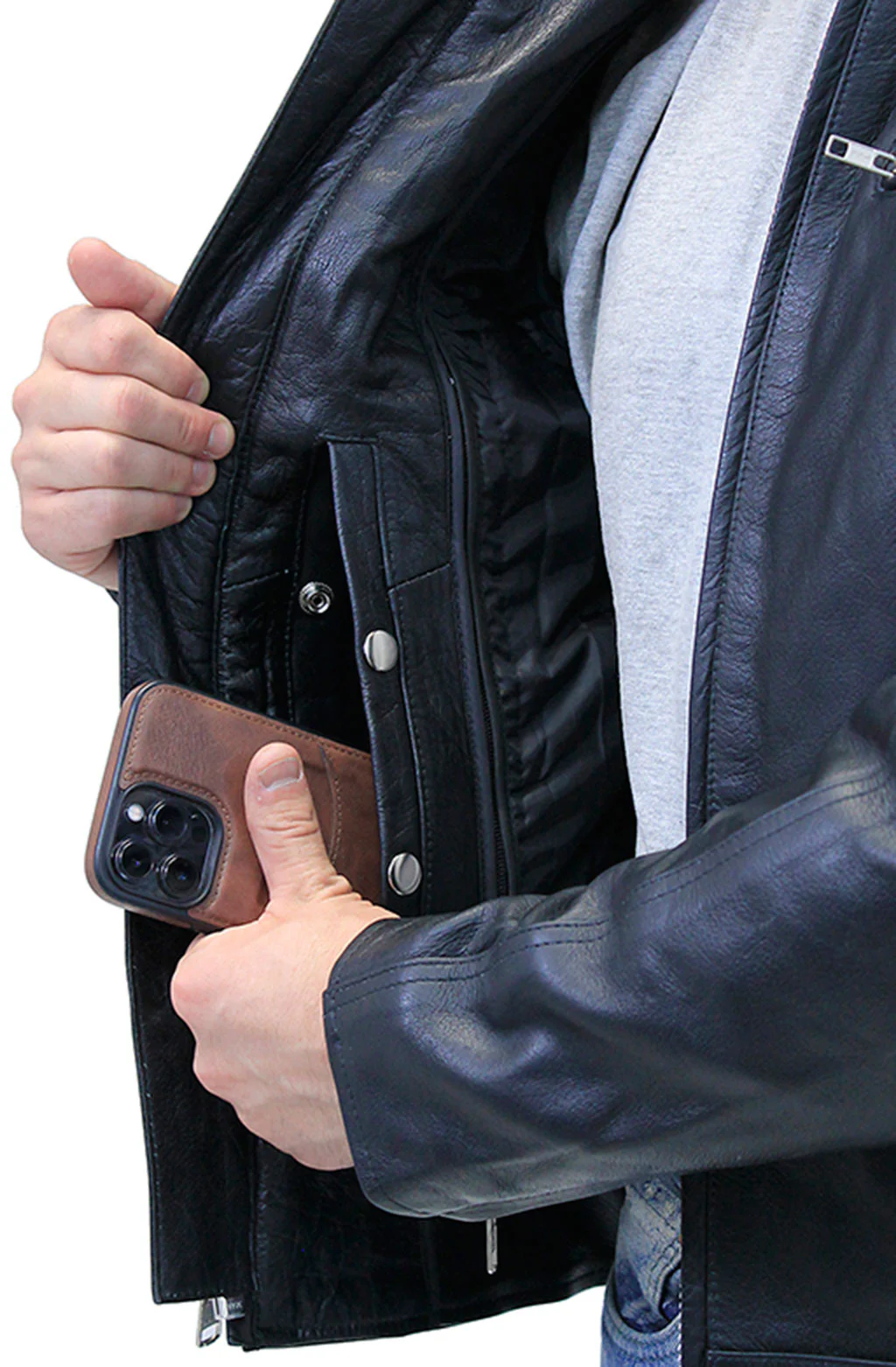 Men's Ribbed Shoulder Leather Motorcycle Jacket #M5760GQZK (M,3X) - Image 7