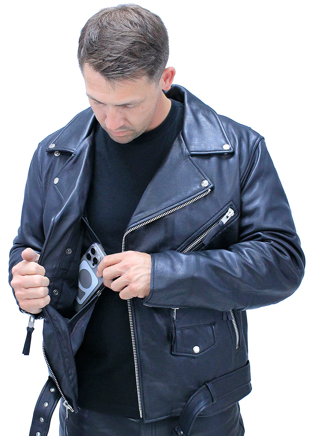 Men's Ultra Premium Leather Concealed Pockets Motorcycle Jacket #M208GZK - Image 5