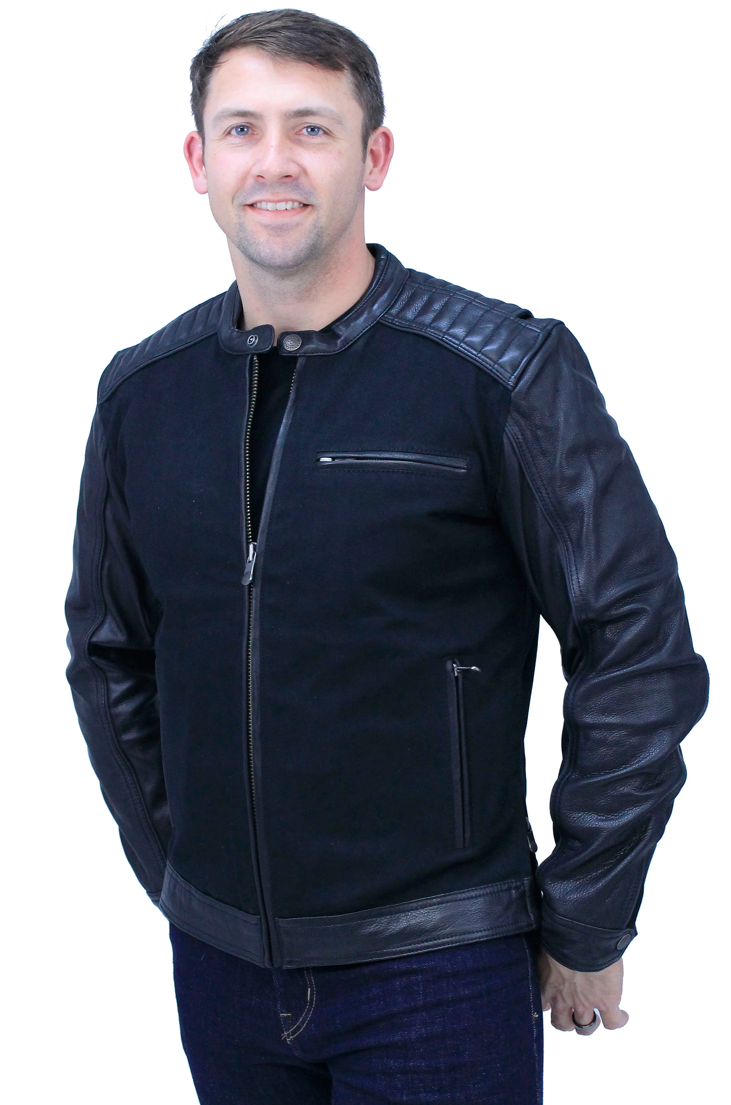 Men's Twill & Leather Café Racer Motorcycle Jacket #MC2600GK