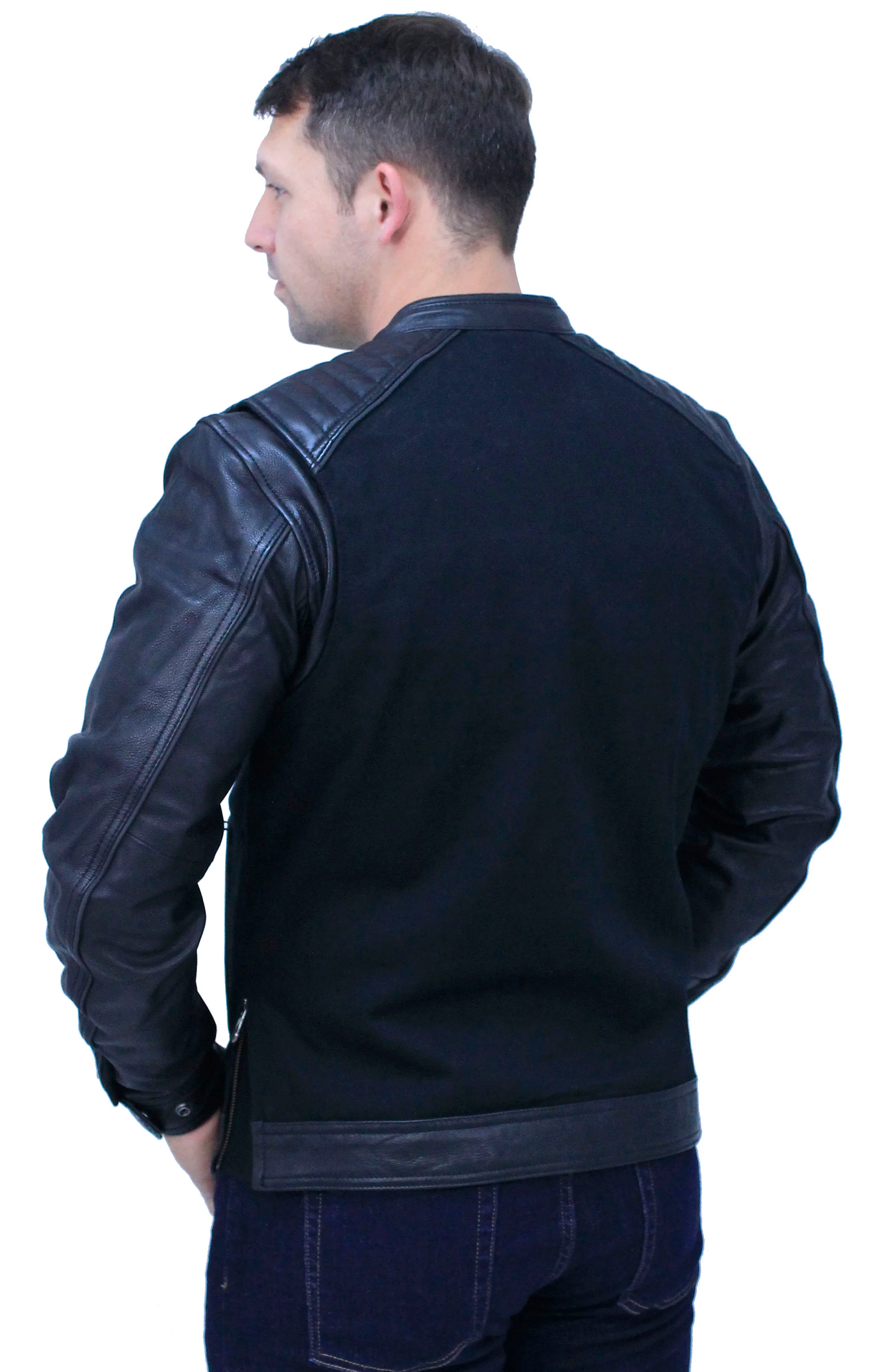 Men's Twill & Leather Café Racer Motorcycle Jacket #MC2600GK - Image 2