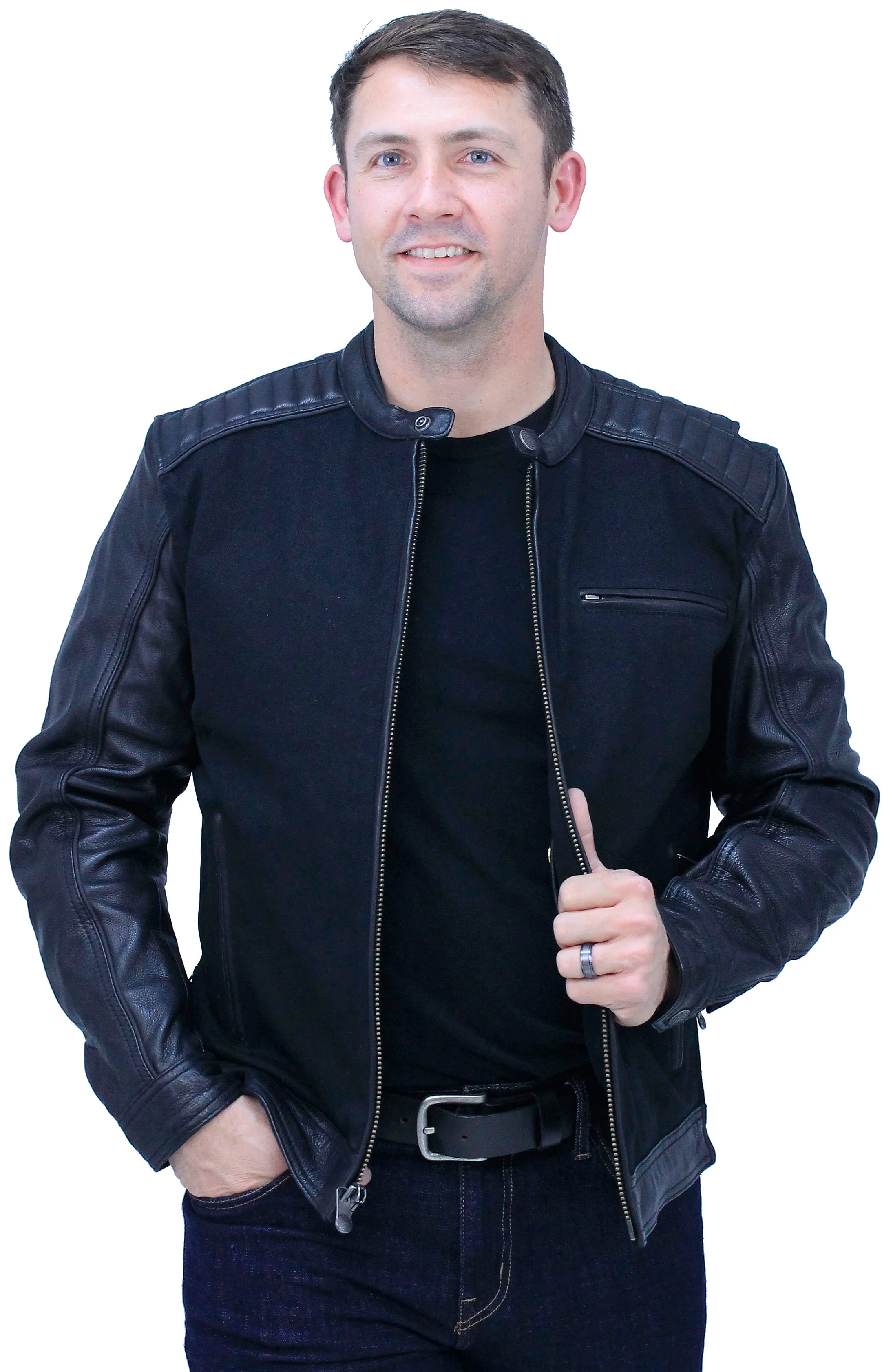 Men's Twill & Leather Café Racer Motorcycle Jacket #MC2600GK - Image 3
