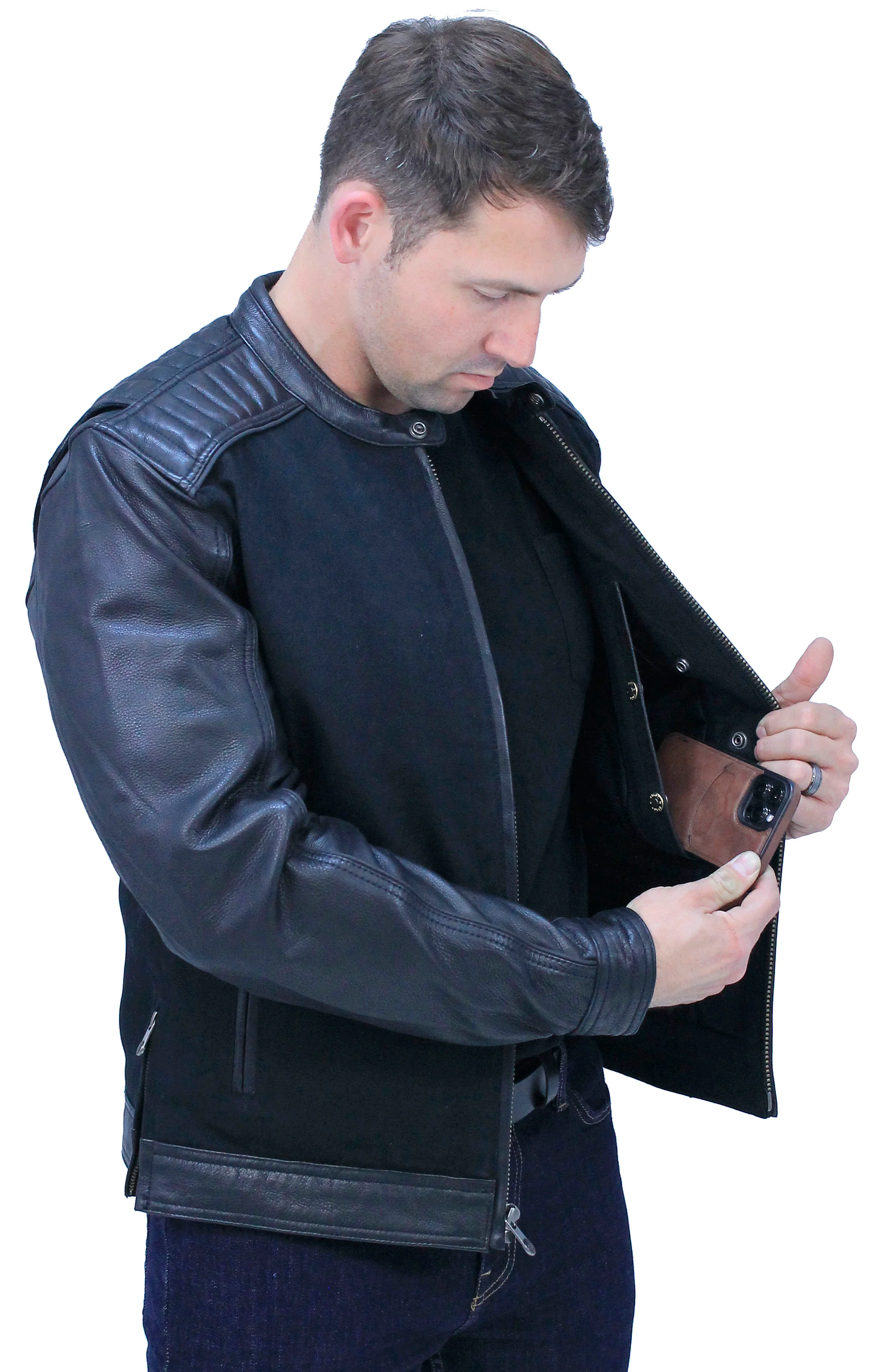Men's Twill & Leather Café Racer Motorcycle Jacket #MC2600GK - Image 4