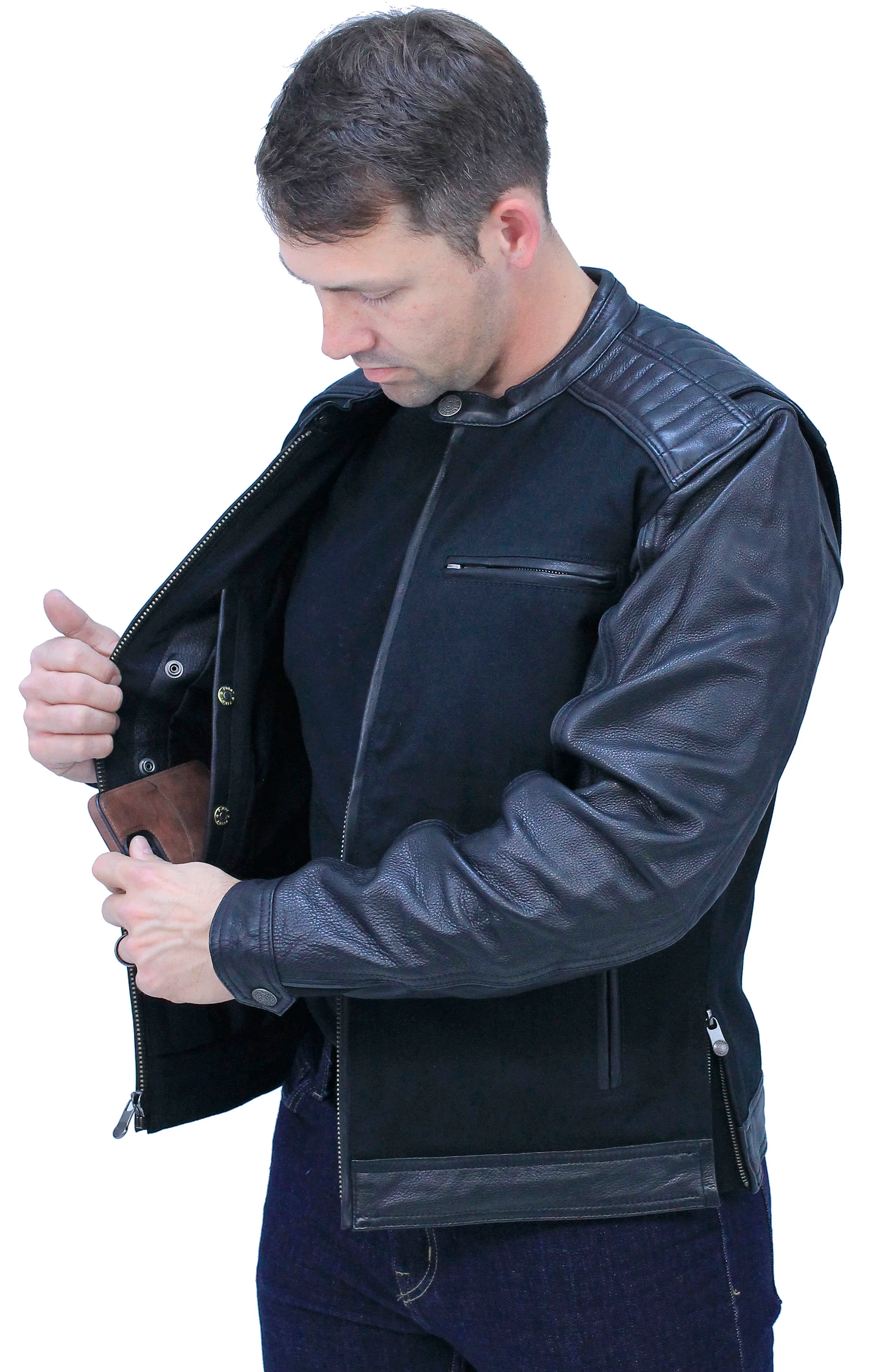 Men's Twill & Leather Café Racer Motorcycle Jacket #MC2600GK - Image 5