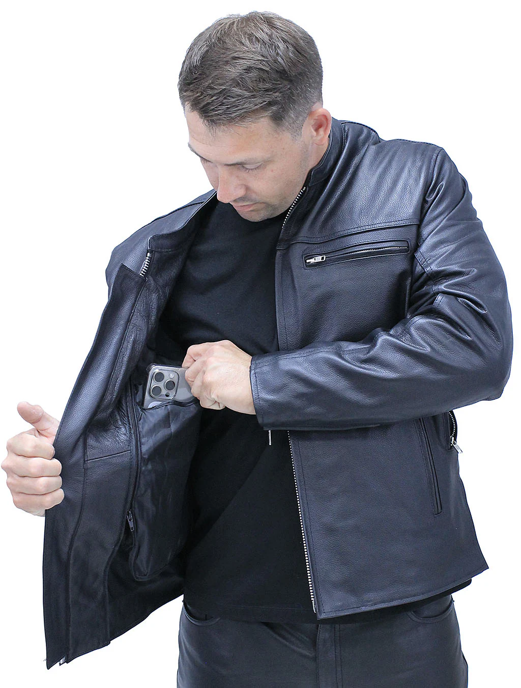 Men's Vented Café Racer Motorcycle Jacket w/Concealed Pocket #M6638VZGK (2X-4X) - Image 4