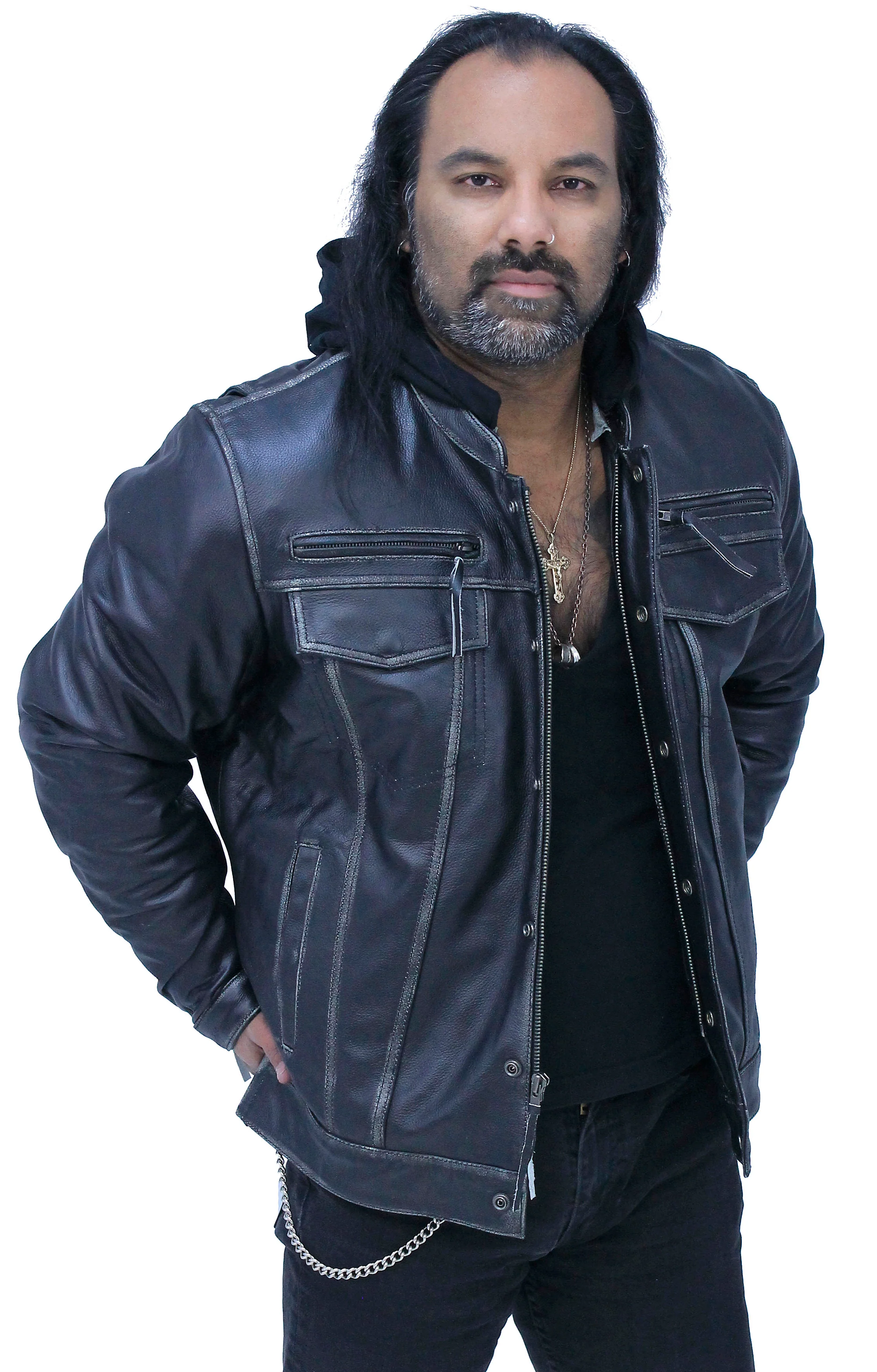 Men's Vented Concealed Pockets Vintage Black Jacket w/Hood #MA6905VHZK