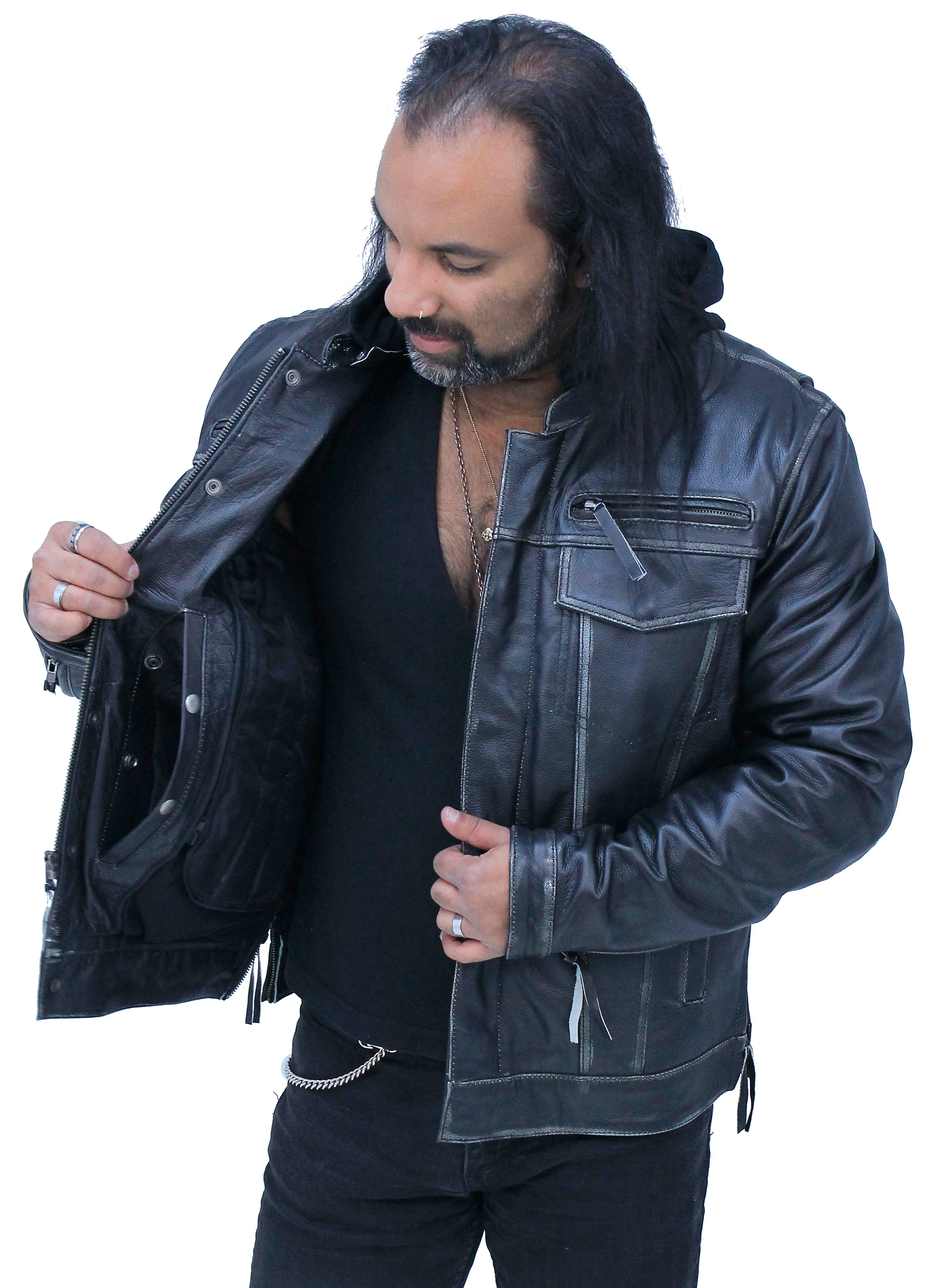 Men's Vented Concealed Pockets Vintage Black Jacket w/Hood #MA6905VHZK - Image 2