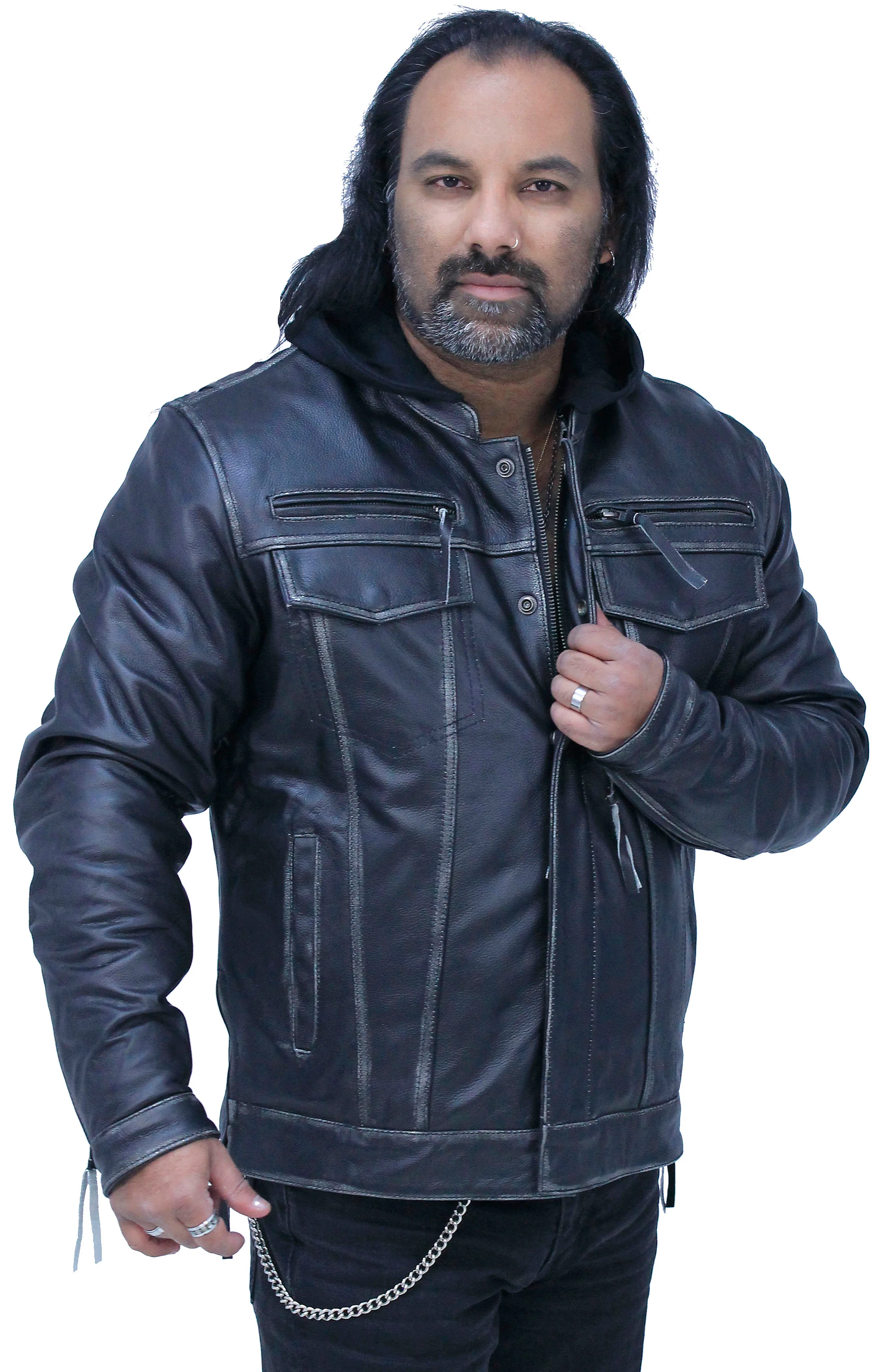 Men's Vented Concealed Pockets Vintage Black Jacket w/Hood #MA6905VHZK - Image 3
