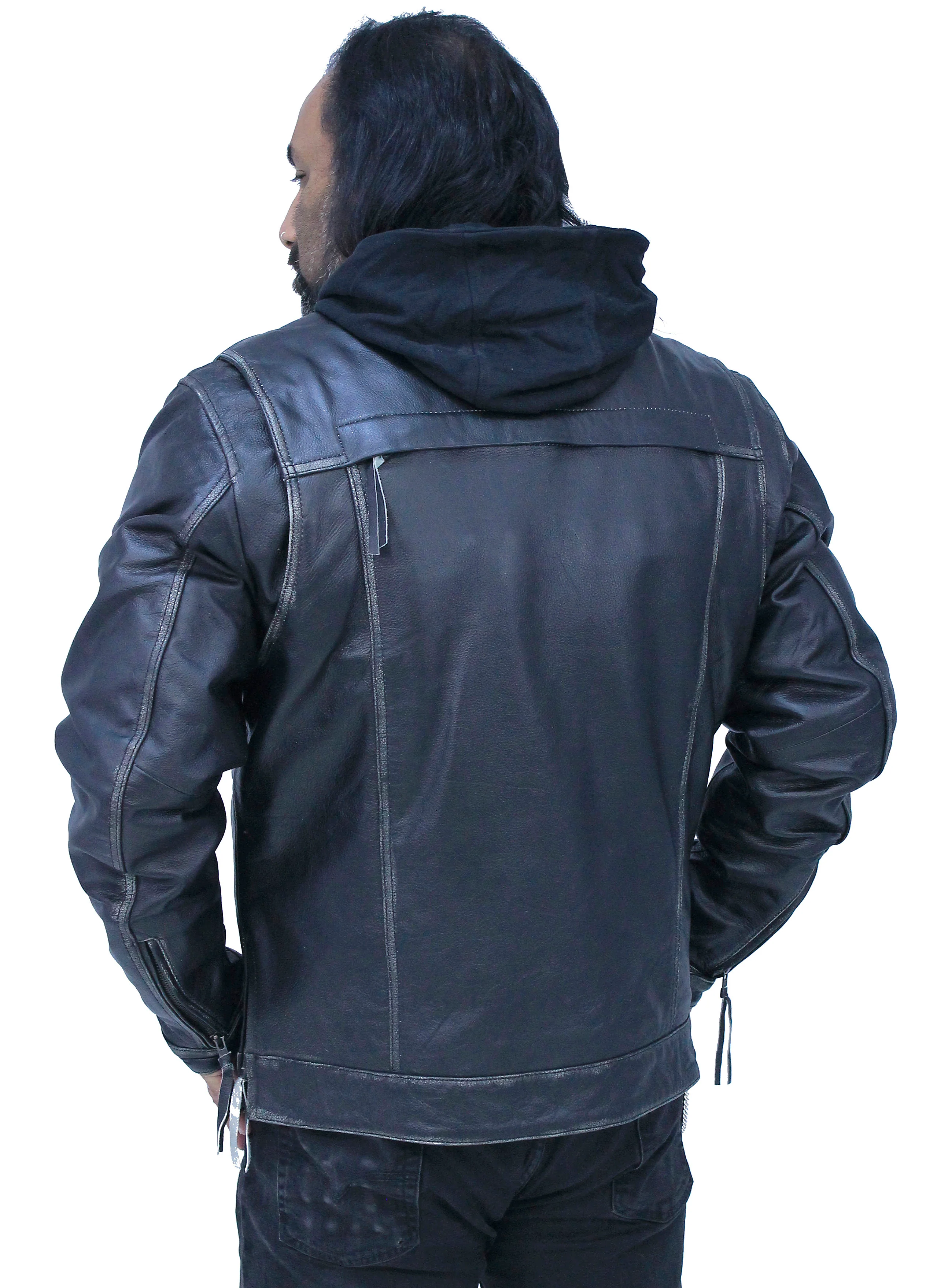 Men's Vented Concealed Pockets Vintage Black Jacket w/Hood #MA6905VHZK - Image 4