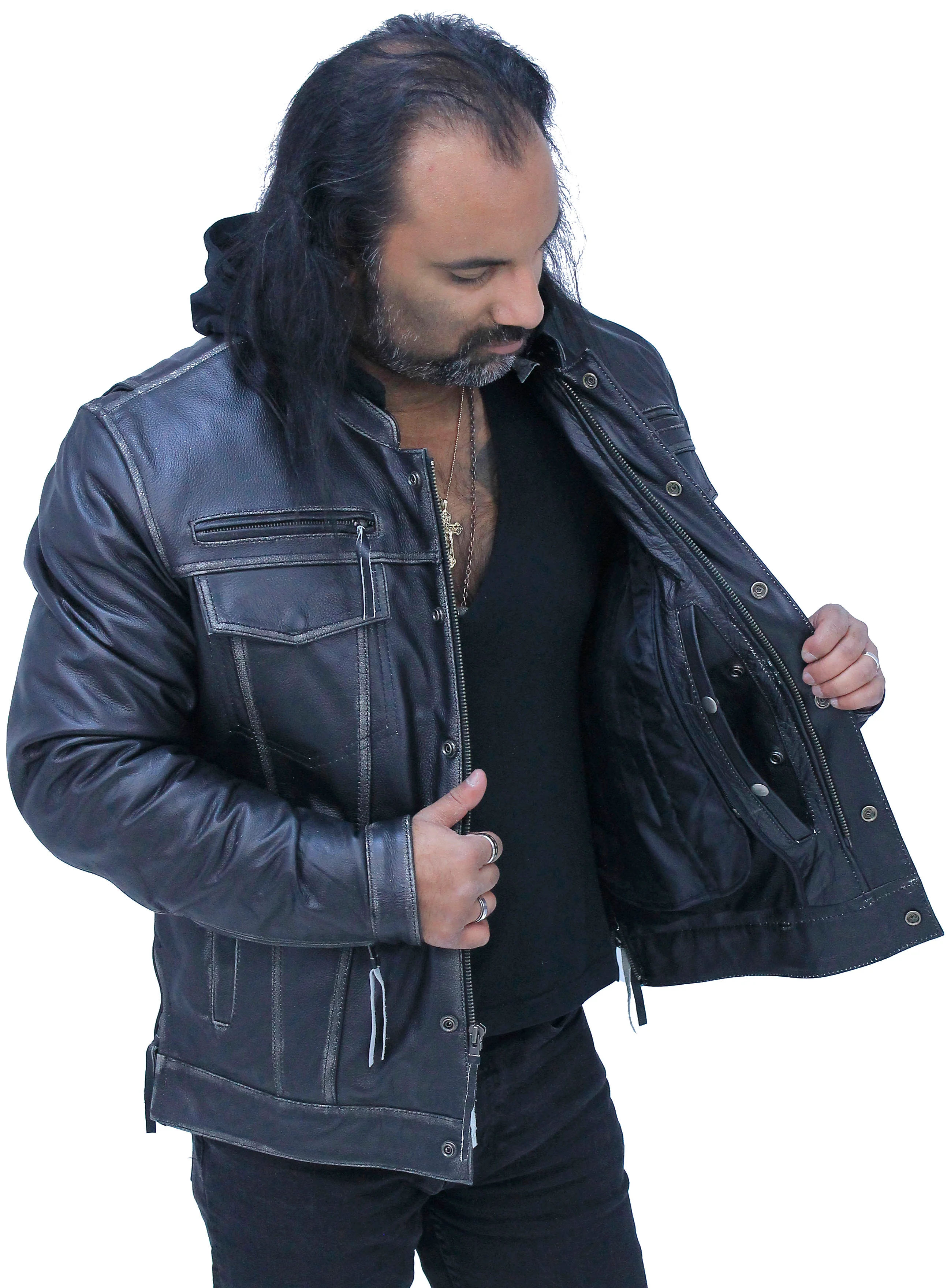Men's Vented Concealed Pockets Vintage Black Jacket w/Hood #MA6905VHZK - Image 5
