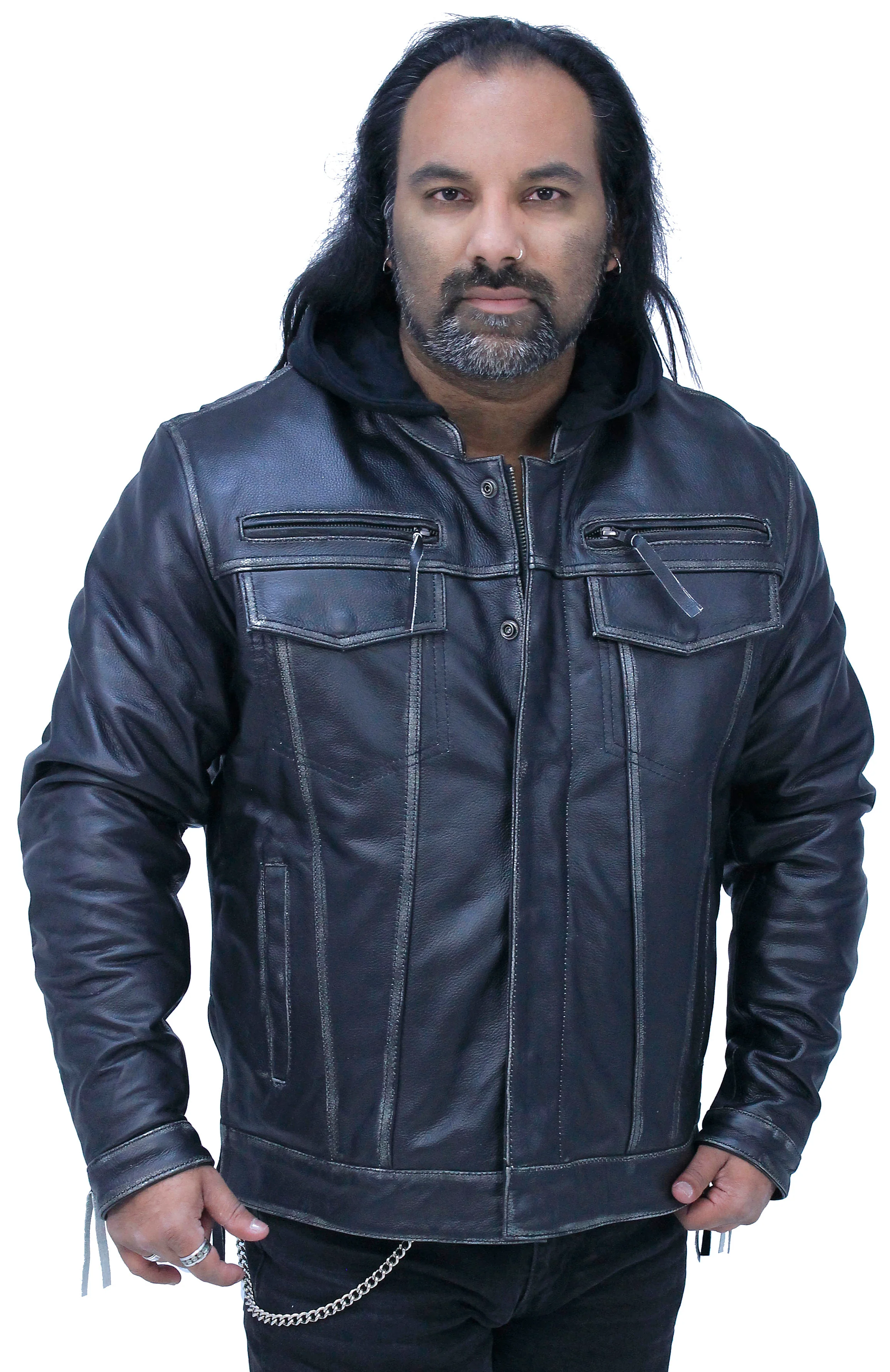 Men's Vented Concealed Pockets Vintage Black Jacket w/Hood #MA6905VHZK - Image 6