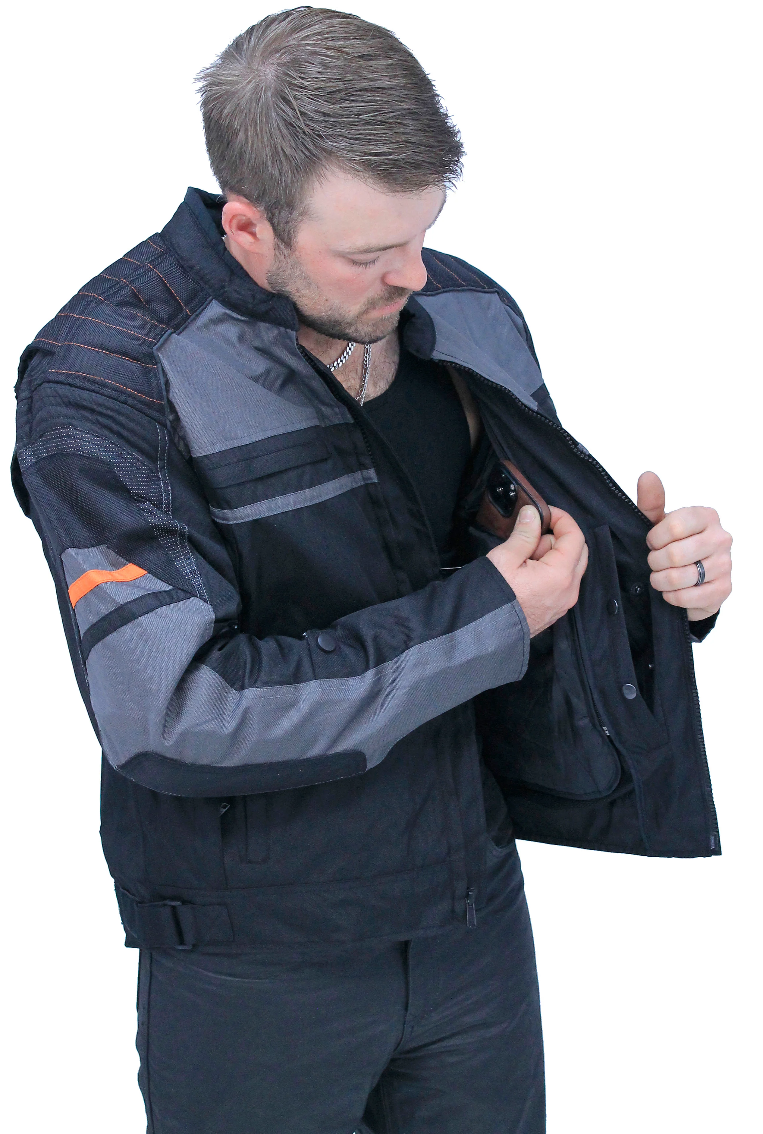 Men's Vented Gray Orange Textile Jacket with Armor #MC360316AZV - Image 7
