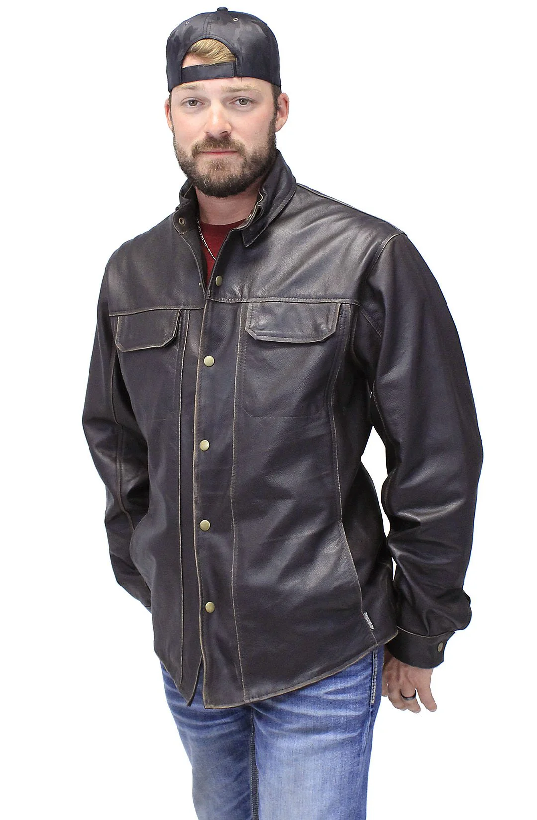 Men's Vintage Brown Leather Shirt w/Concealed Pockets #MSA8672GDN - Image 3
