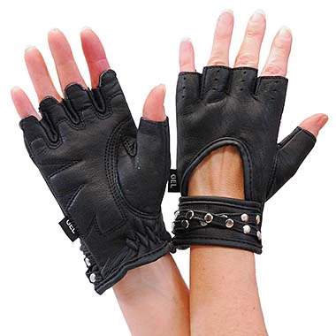 Leather Fingerless Gloves w/Studded Wrist Strap #GL461SK