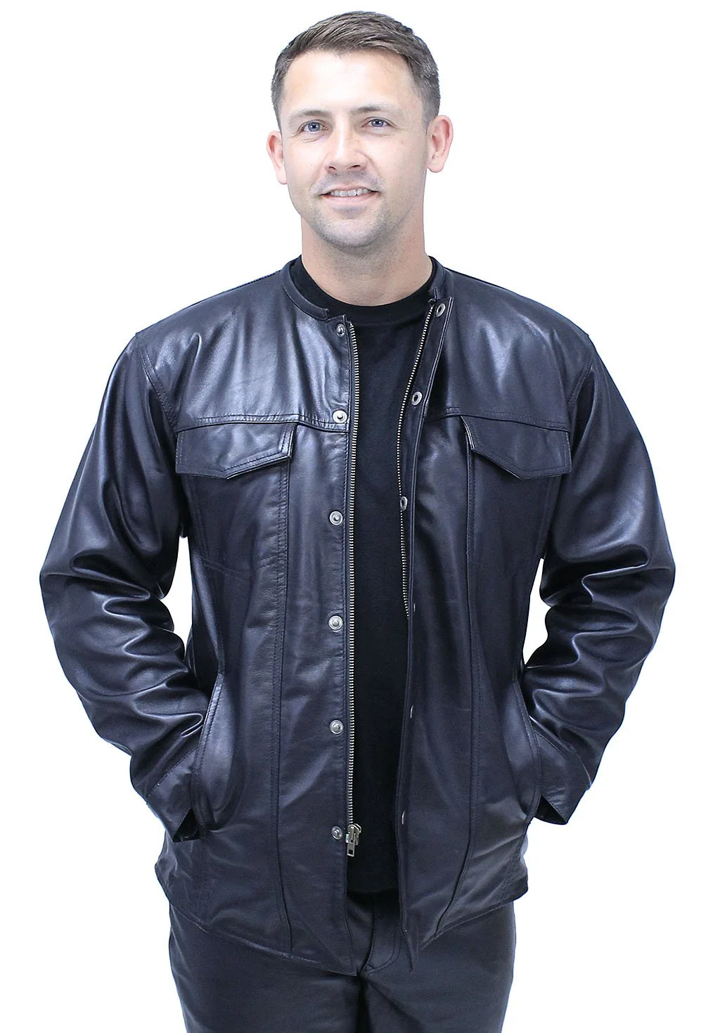 No Collar Men's Lightweight Leather Shirt #MS442K - Image 5