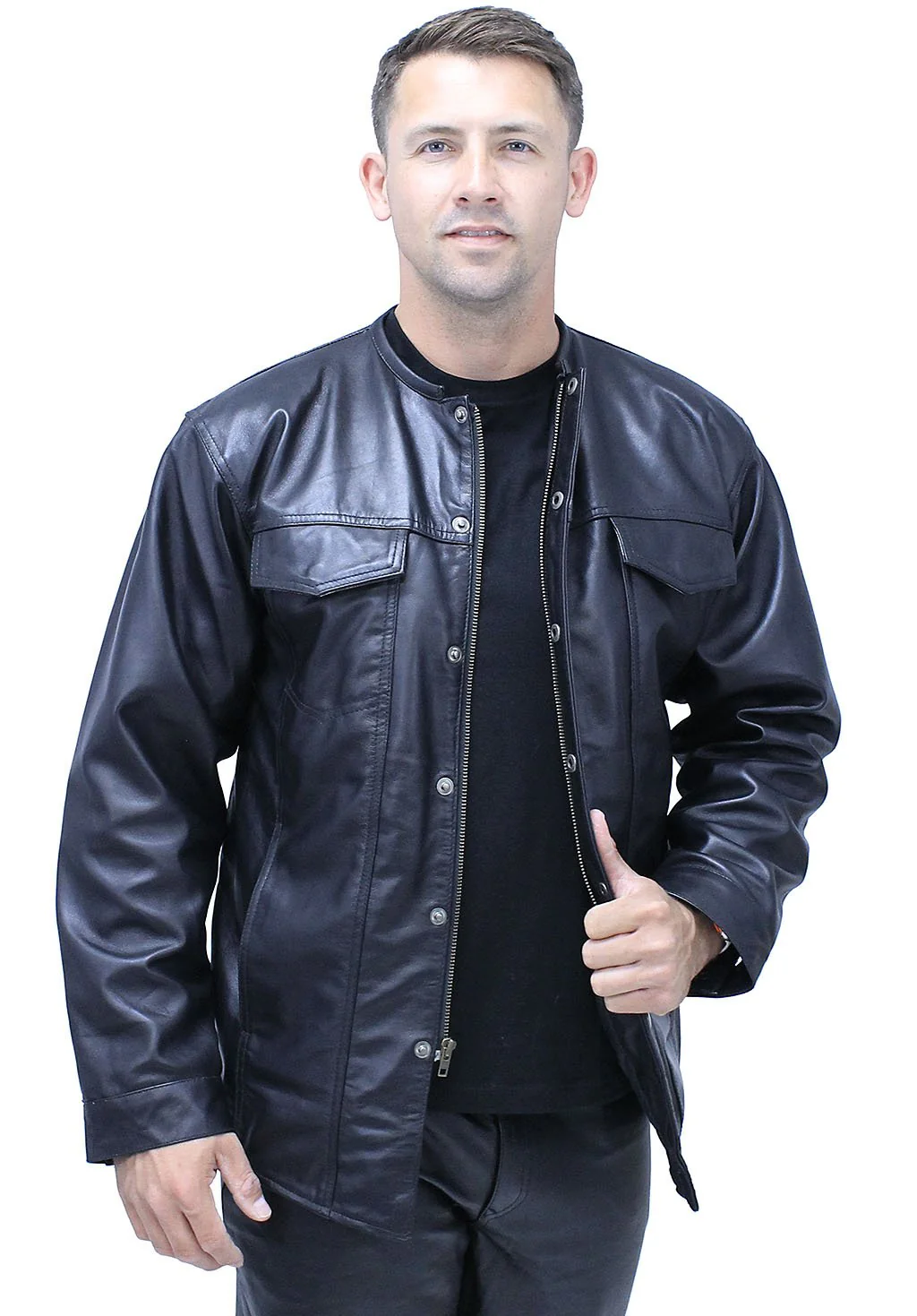 No Collar Men's Lightweight Leather Shirt #MS442K - Image 6
