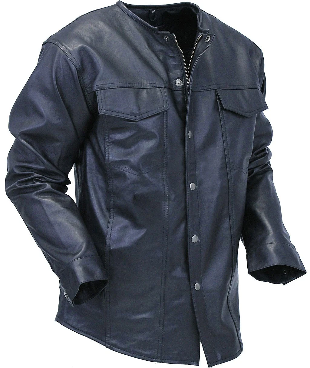 No Collar Men's Lightweight Leather Shirt #MS442K - Image 7