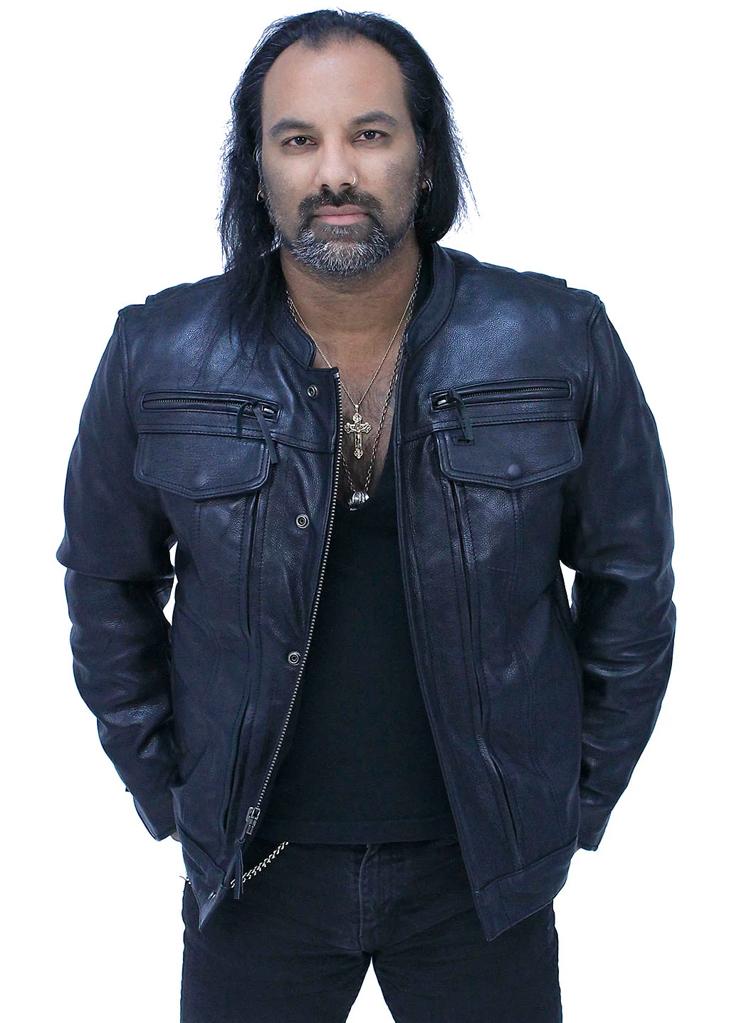 No Collar Men's Vented Concealed Pocket Motorcycle Jacket #M263GVZK