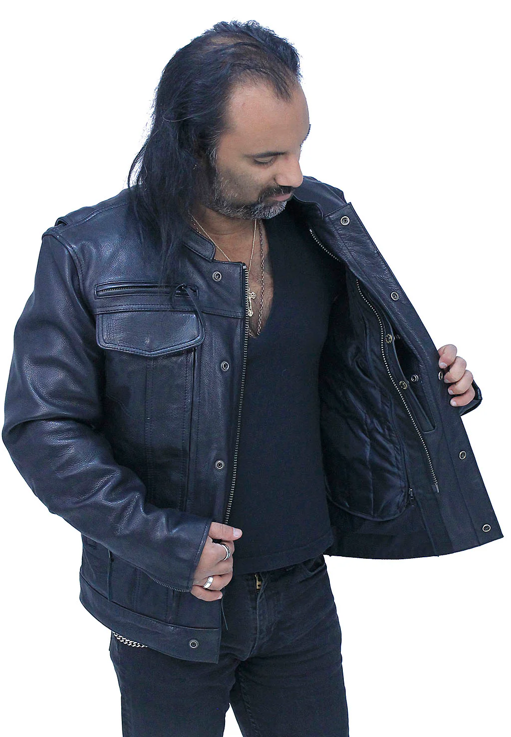 No Collar Men's Vented Concealed Pocket Motorcycle Jacket #M263GVZK - Image 5