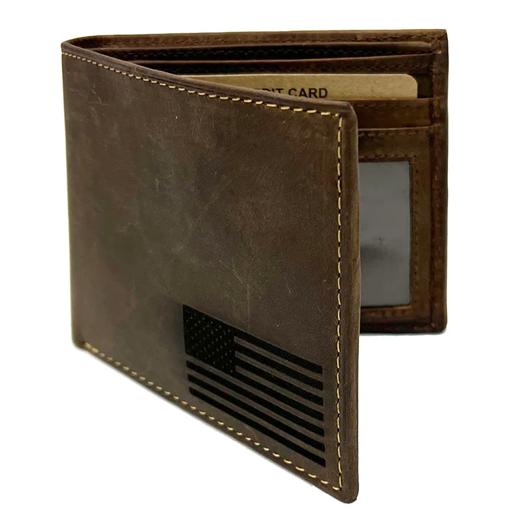 Oil Tanned Brown Slim Bifold Wallet with Flag #WM13011NFLAG - Image 3