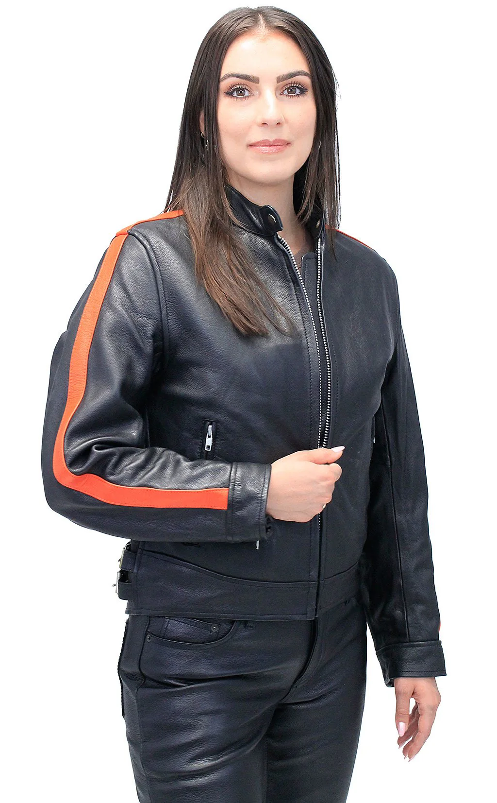 Orange Strip Women's Leather Motorcycle Jacket #L654416ZO (S-M)