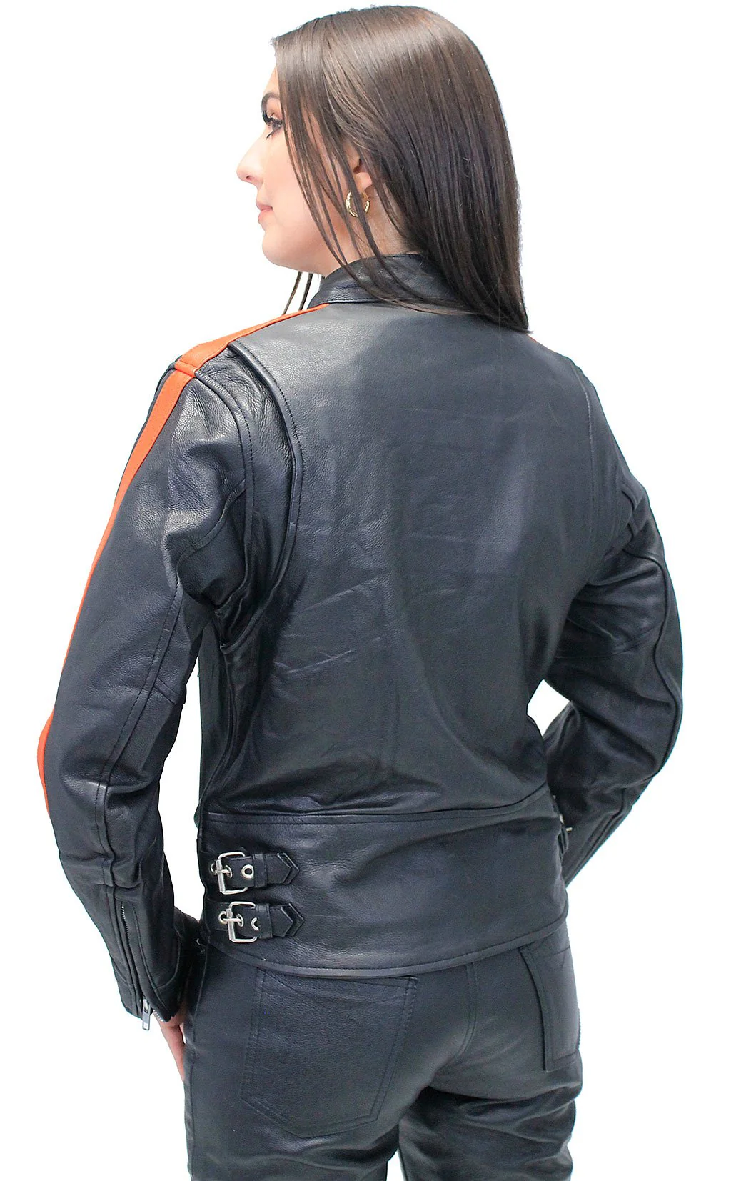 Orange Strip Women's Leather Motorcycle Jacket #L654416ZO (S-M) - Image 2