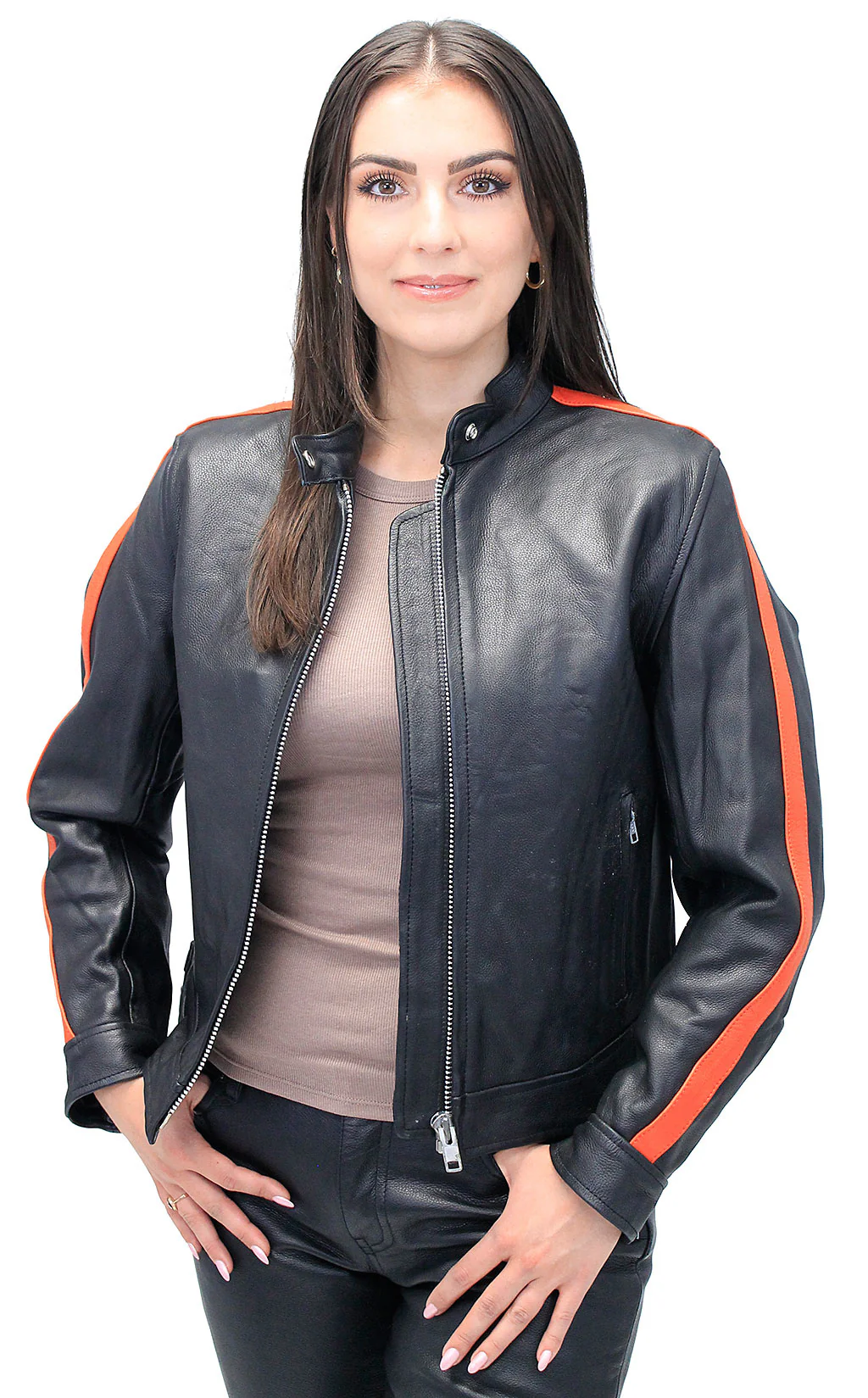 Orange Strip Women's Leather Motorcycle Jacket #L654416ZO (S-M) - Image 4